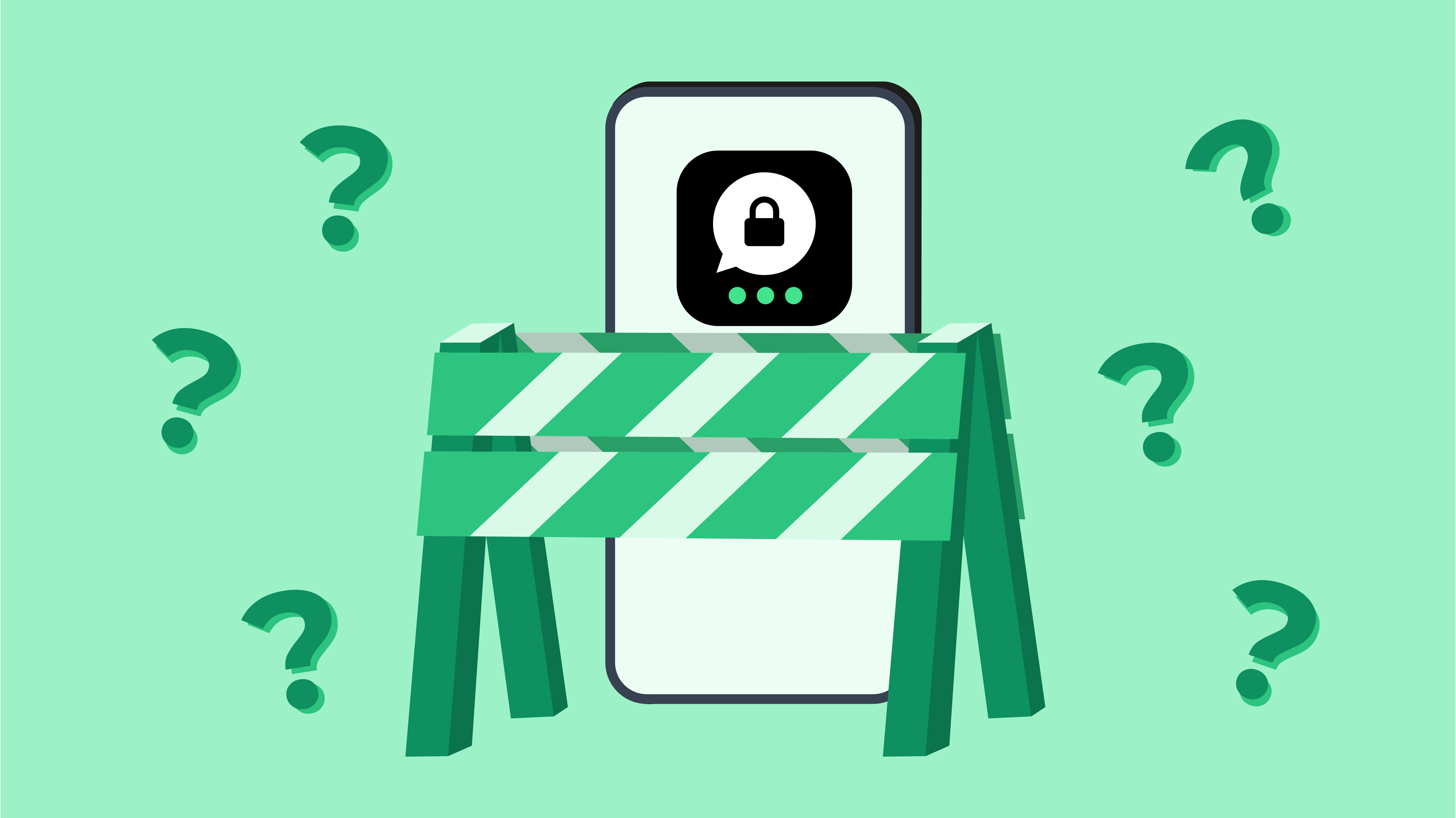 Smartphone with secure messaging app behind barrier and question marks – indicates access restriction.