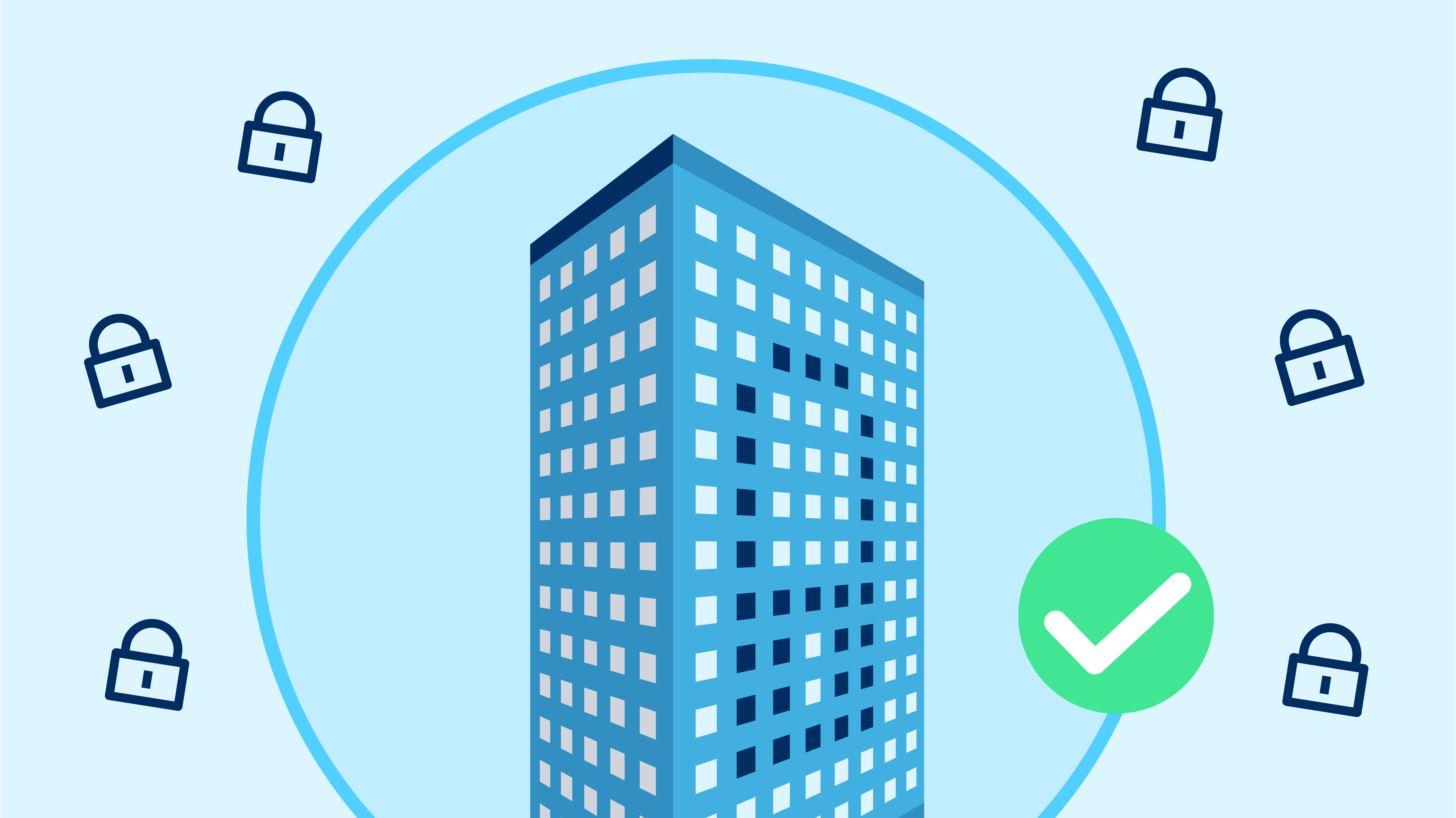 Illustration of a secured building inside a blue circle, surrounded by padlock icons, symbolizing data protection. A green check mark indicates the building is secure.