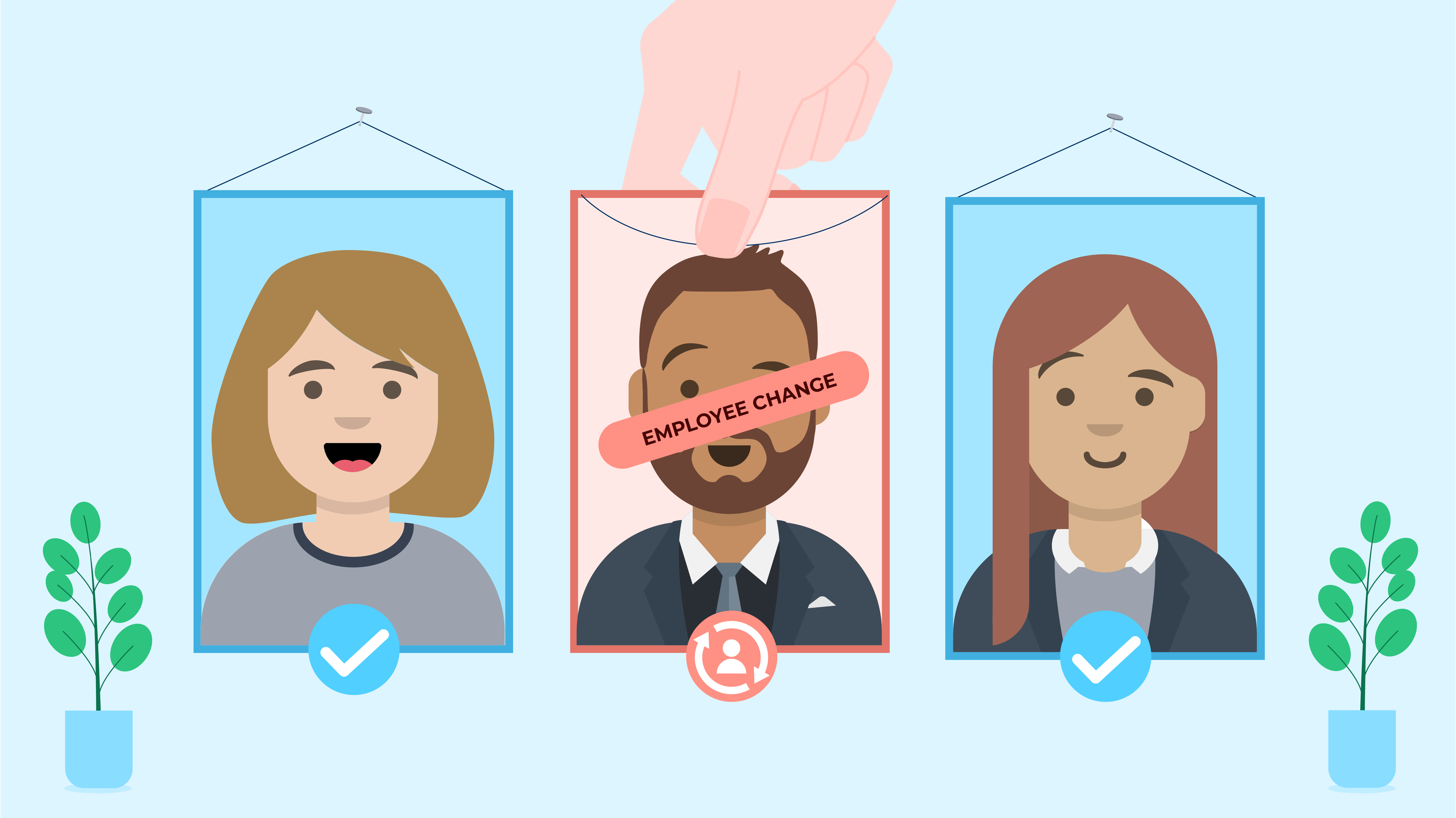 Illustration of three employees, two marked with checkmarks and one being removed by a hand, symbolizing staff change.