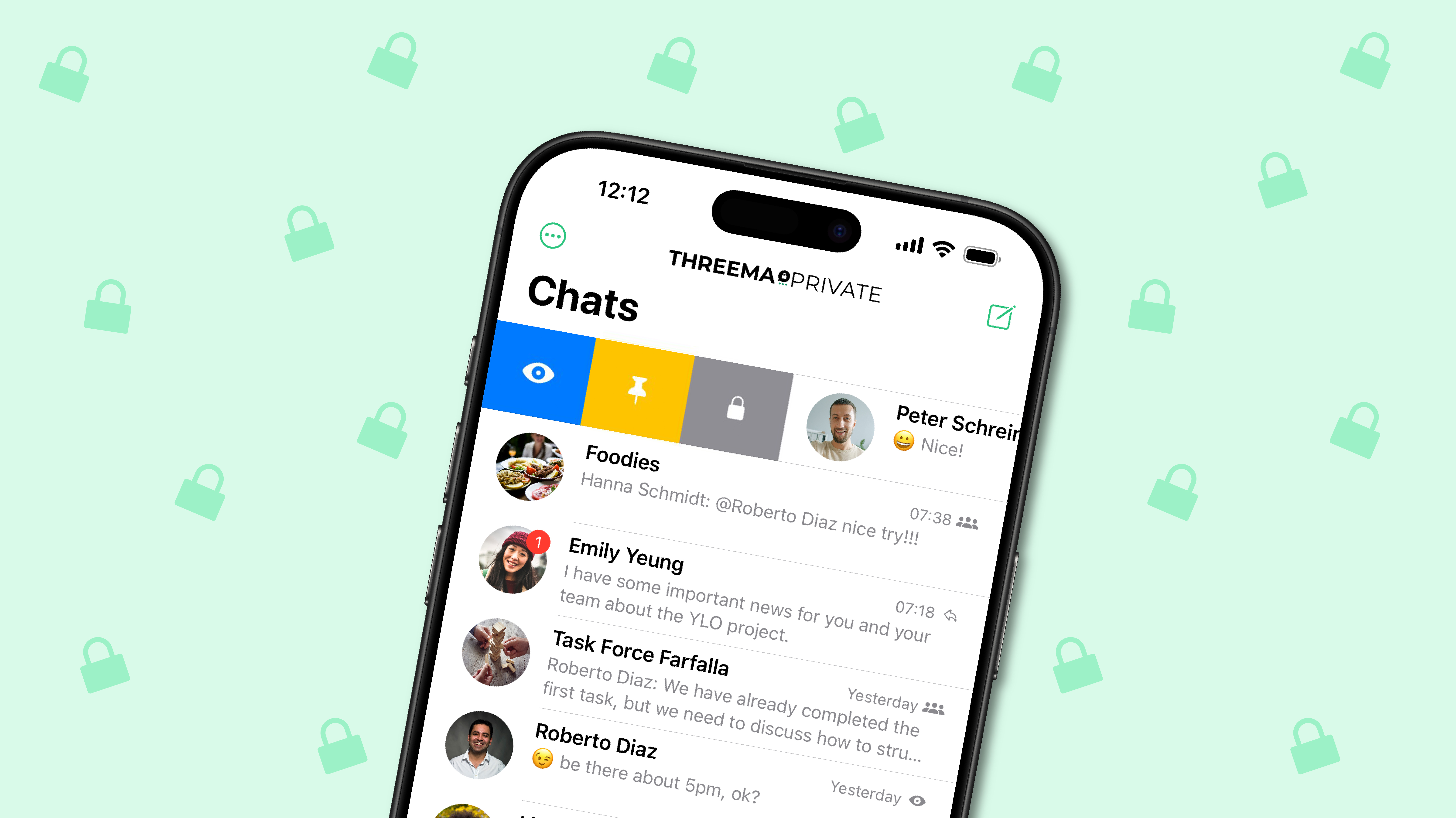 Smartphone screen showing the Threema Private messaging app with a chat list and the option to mark a specific chat as private