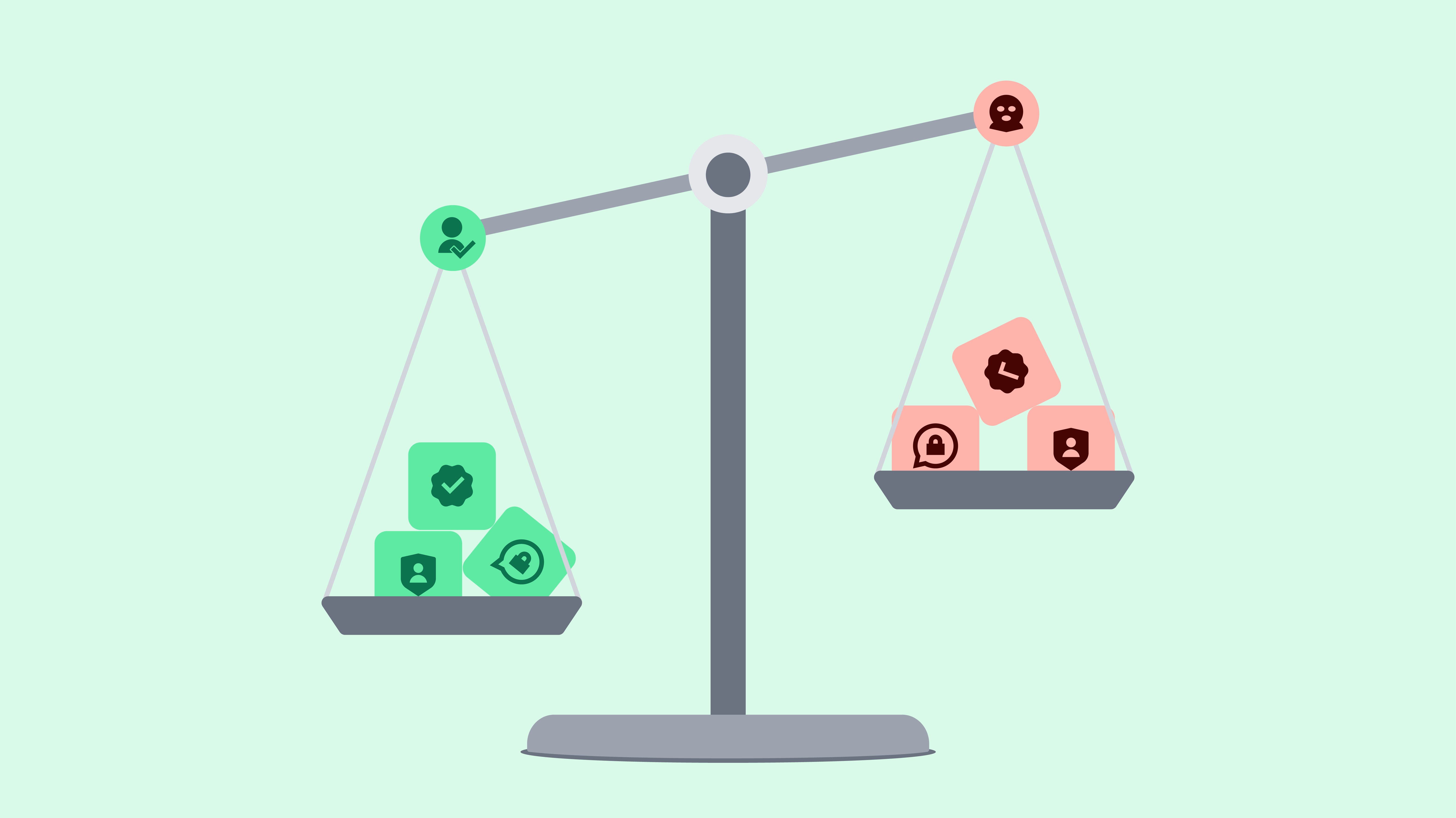 A balance scale illustration showing green blocks with checkmark and shield icons outweighing red blocks, symbolizing benefits of encryption for all outweighing mass surveillance for crime prevention.