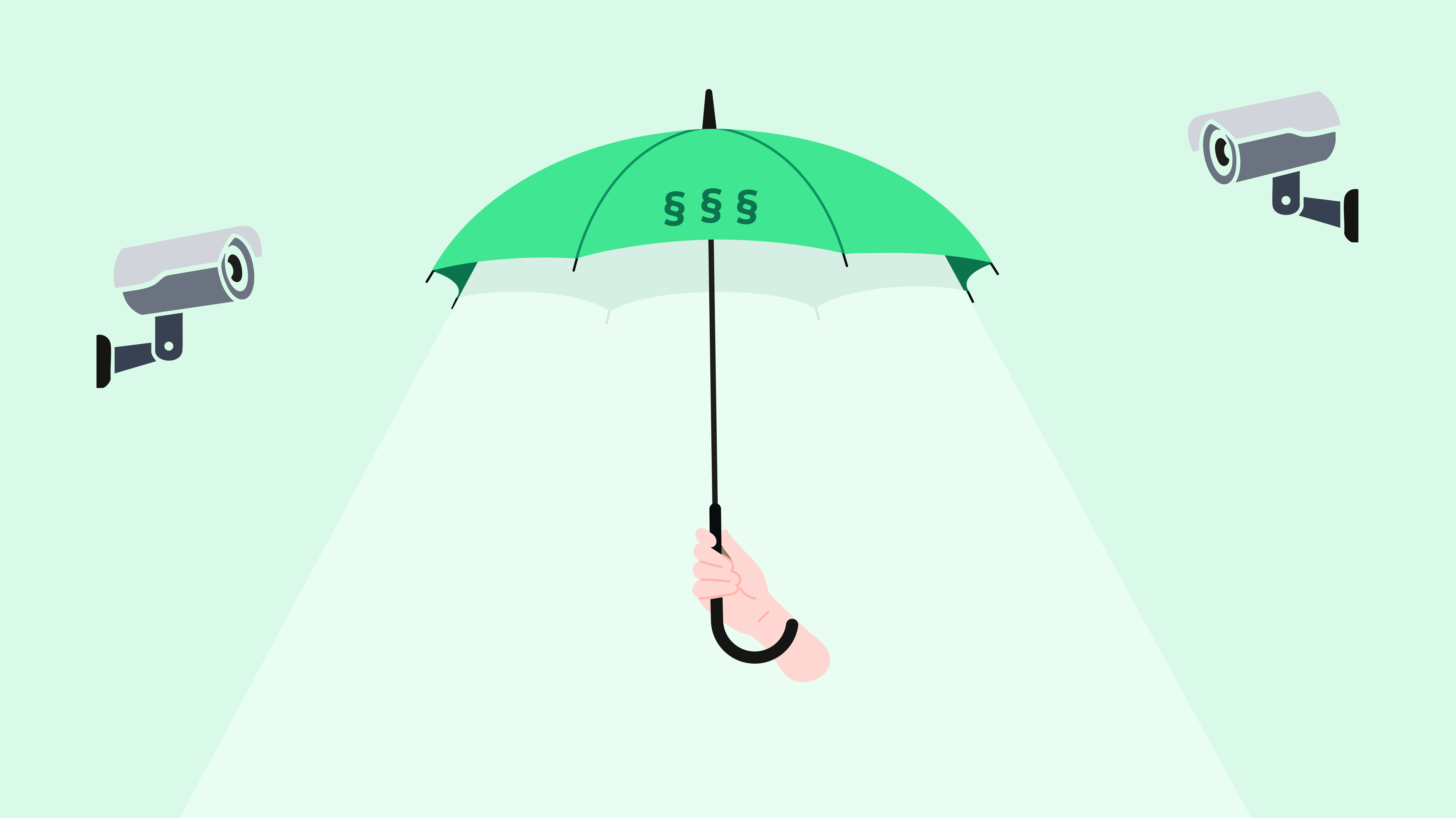 Illustration of a hand holding a green umbrella with legal symbols, shielding from two surveillance cameras shining light.