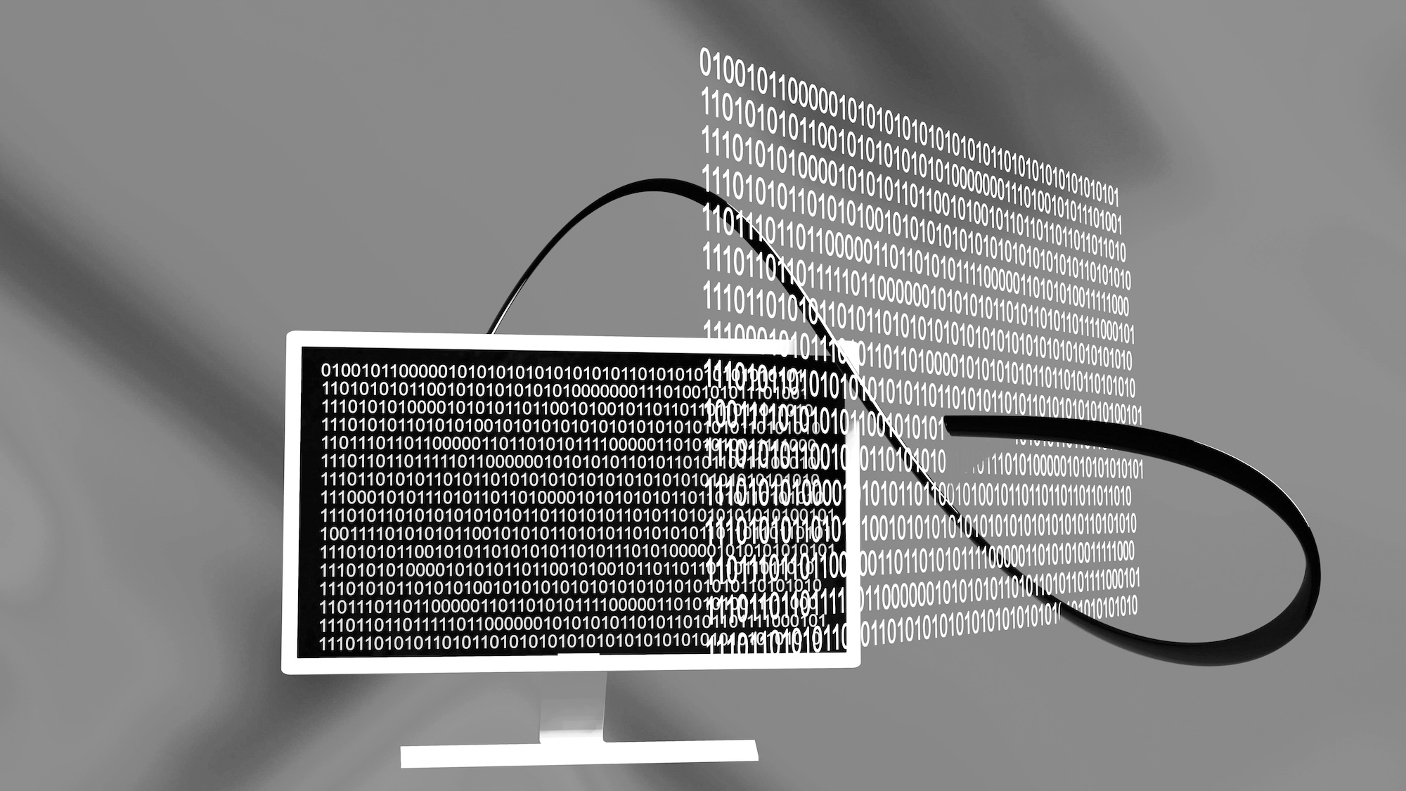 Monitor displaying binary code with an infinity-shaped data stream looping outward.