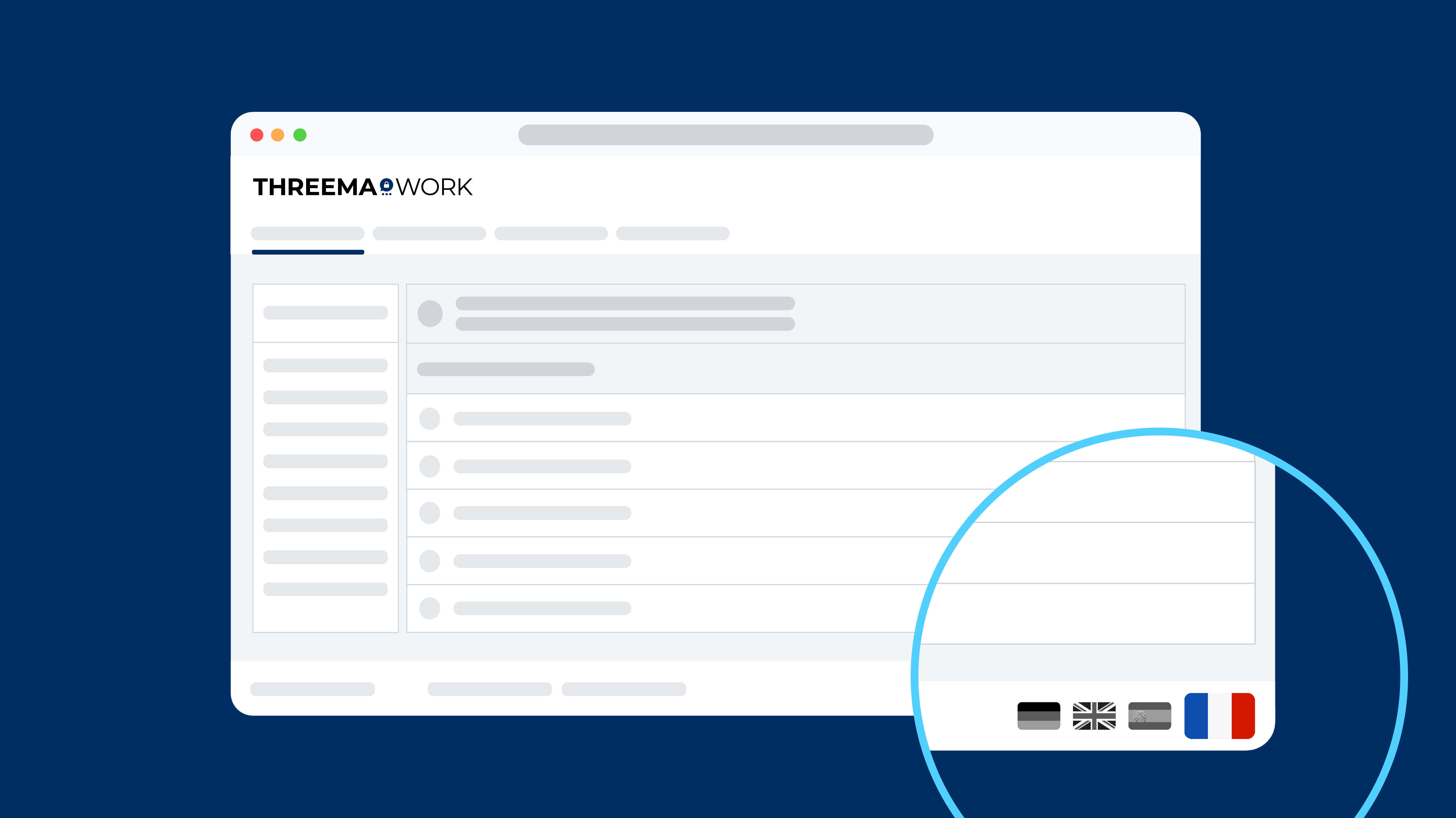 Interface screenshot of Threema Work's management cockpit with a highlighted language selection area.