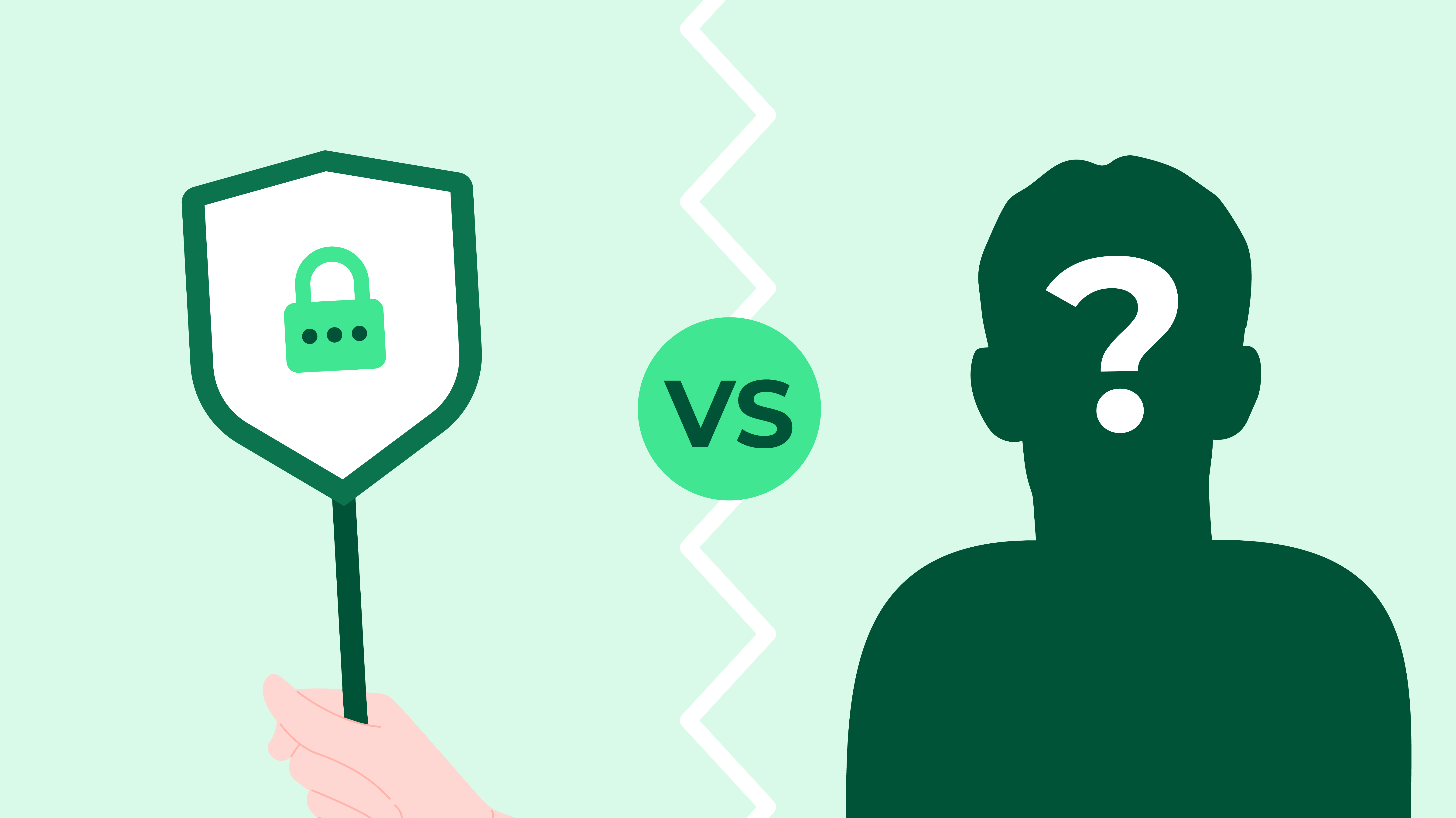 Illustration comparing security and privacy, showing a shield with a lock versus a person silhouette with a question mark.