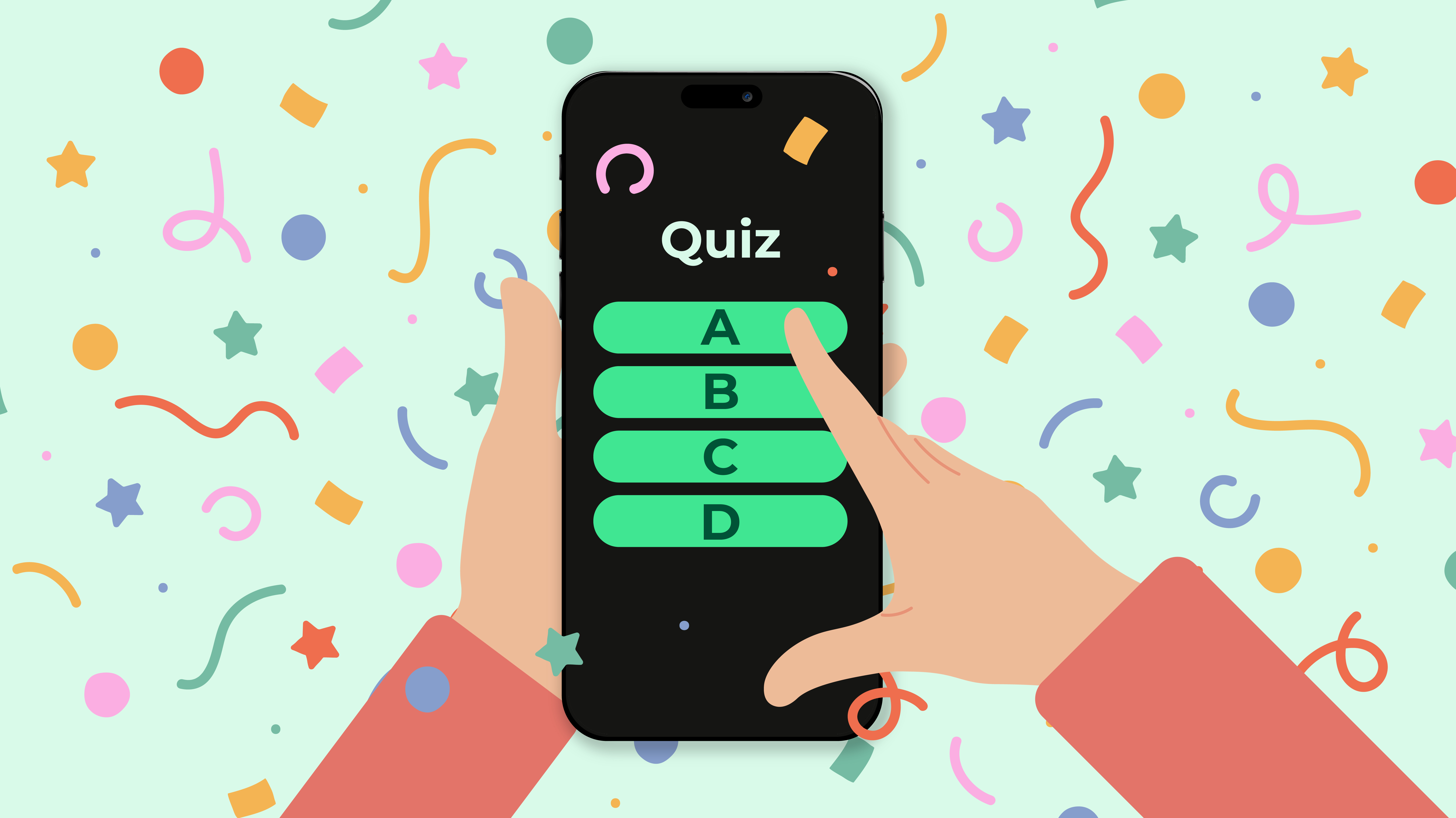 Illustration of hands holding a smartphone with a multiple-choice quiz on the screen.