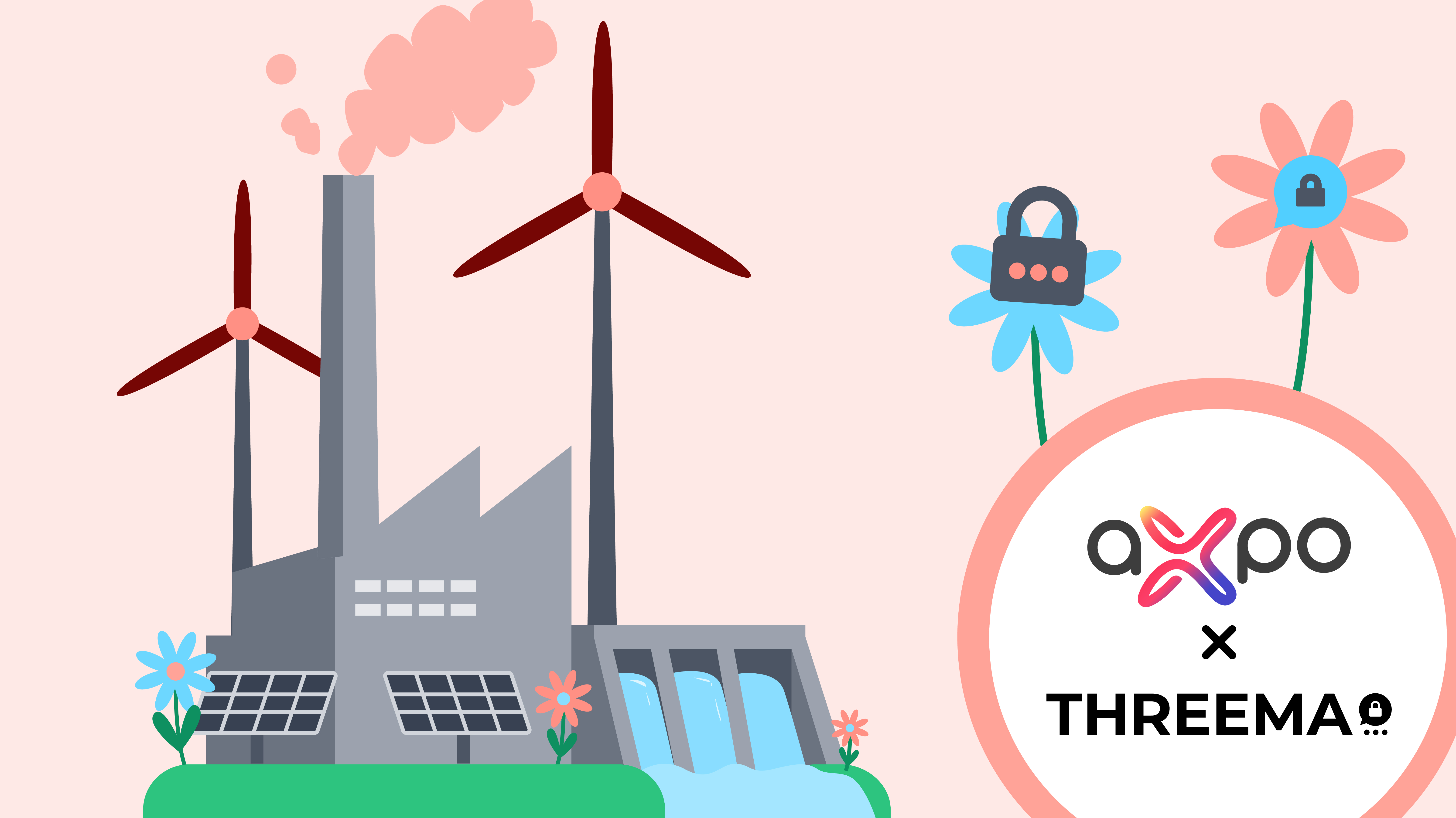 Illustration of a power plant with wind turbines and solar panels next to the Axpo and Threema logos.