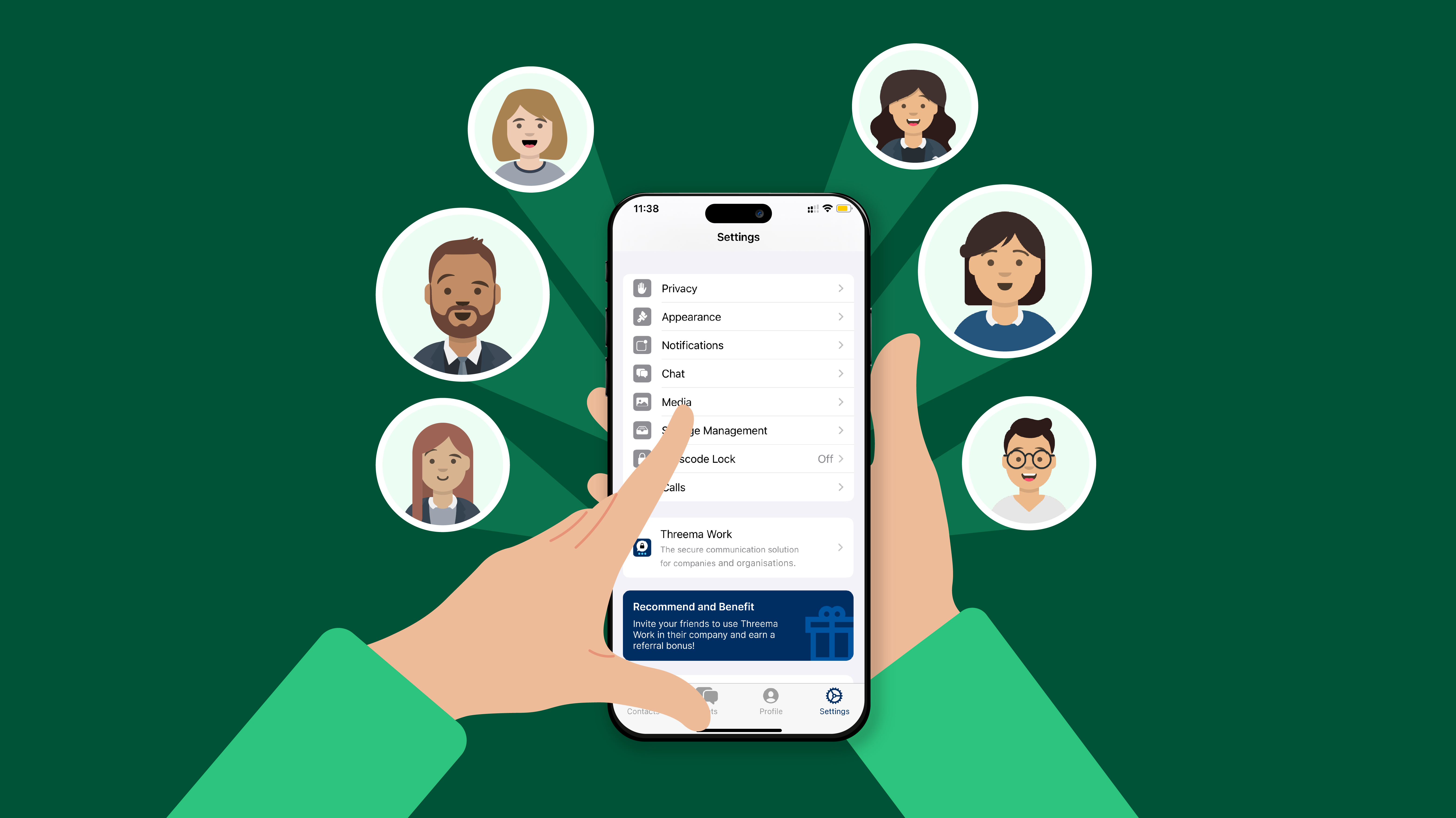 Hand holding a smartphone with a settings menu, surrounded by contact avatars.