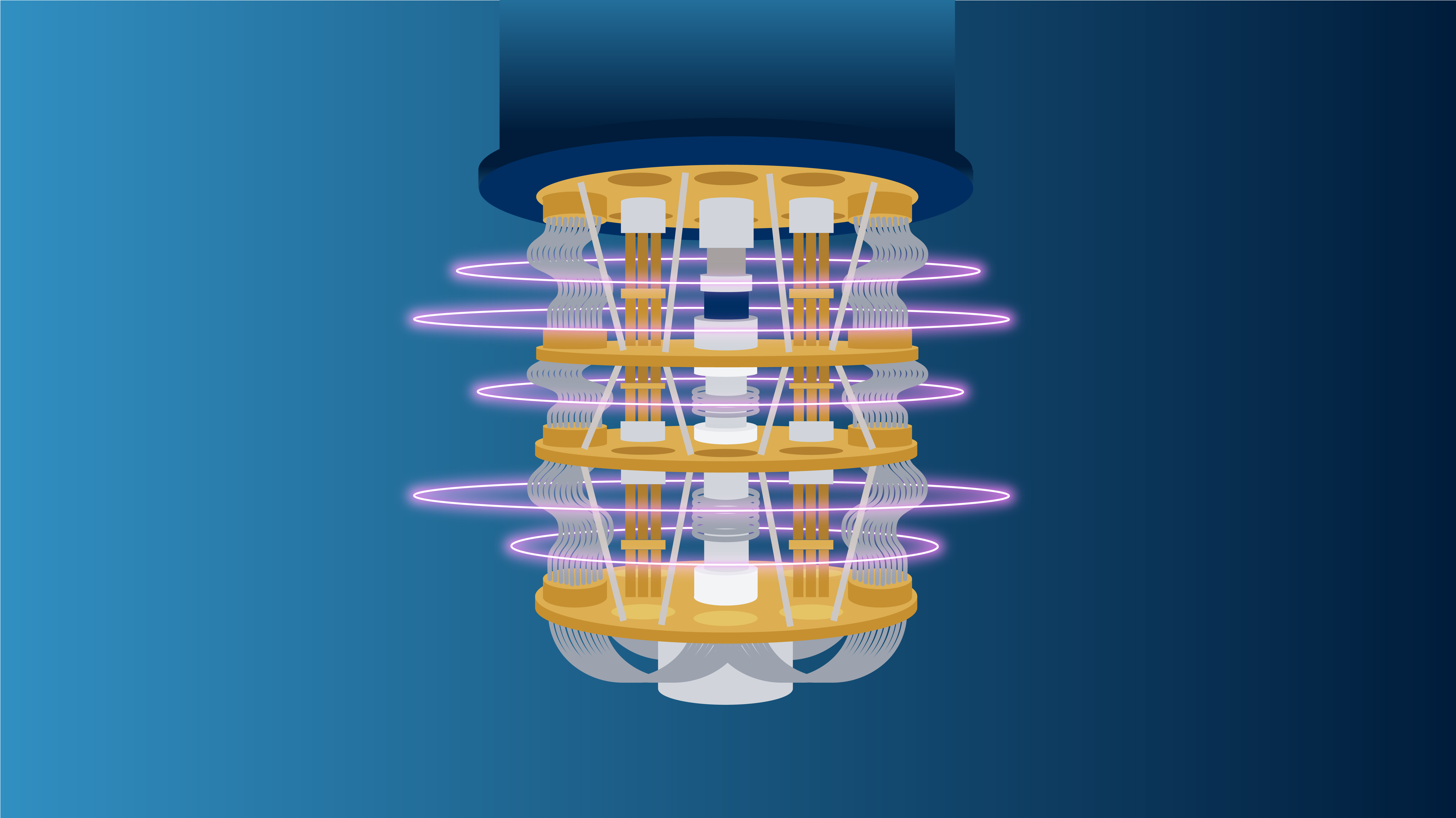 Illustration of a quantum computer’s dilution refrigerator with stacked golden platforms and glowing purple rings representing qubits.