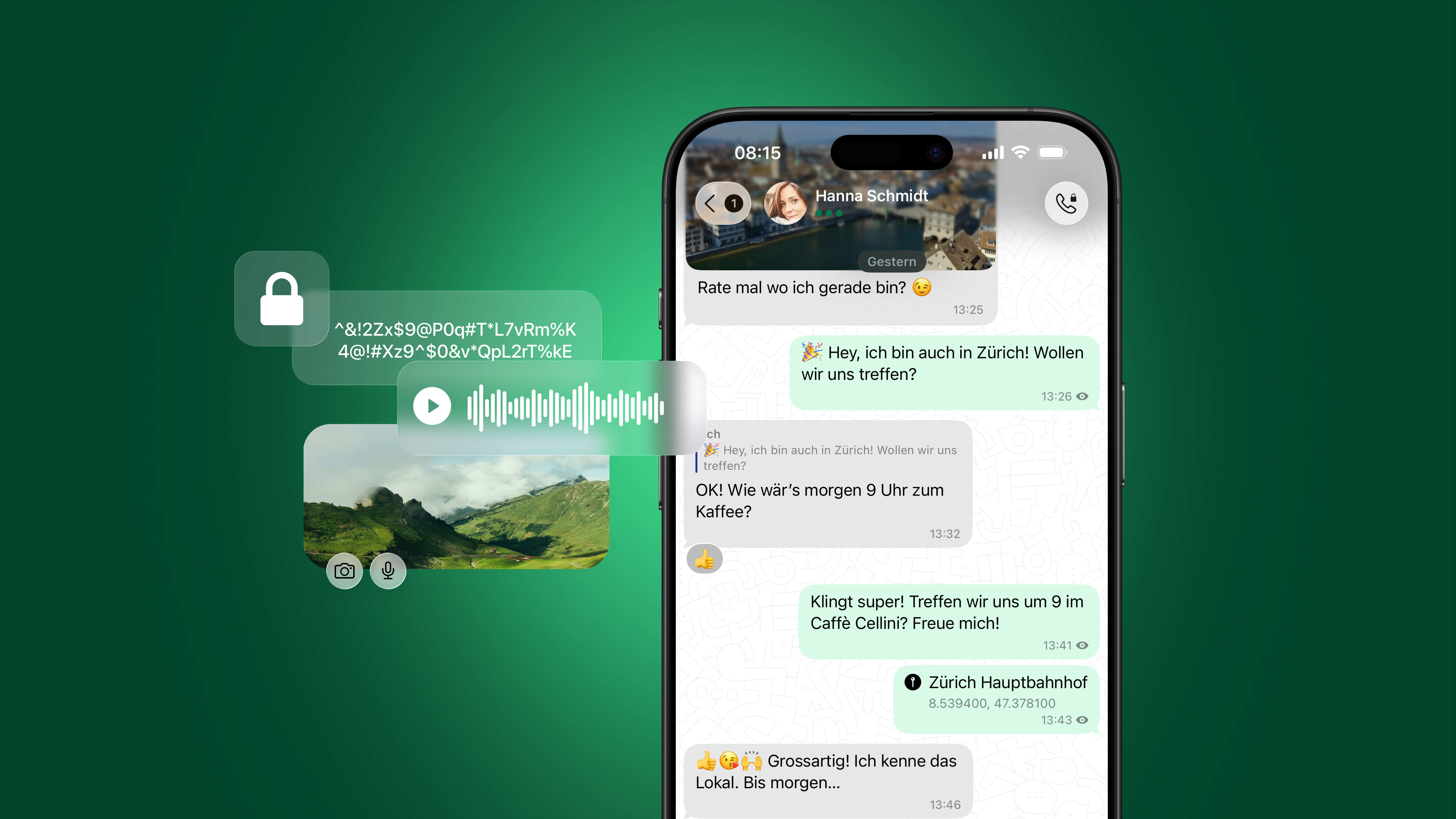 Smartphone displaying a chat conversation with text, voice message, image, and location, featuring the new Liquid Glass design.