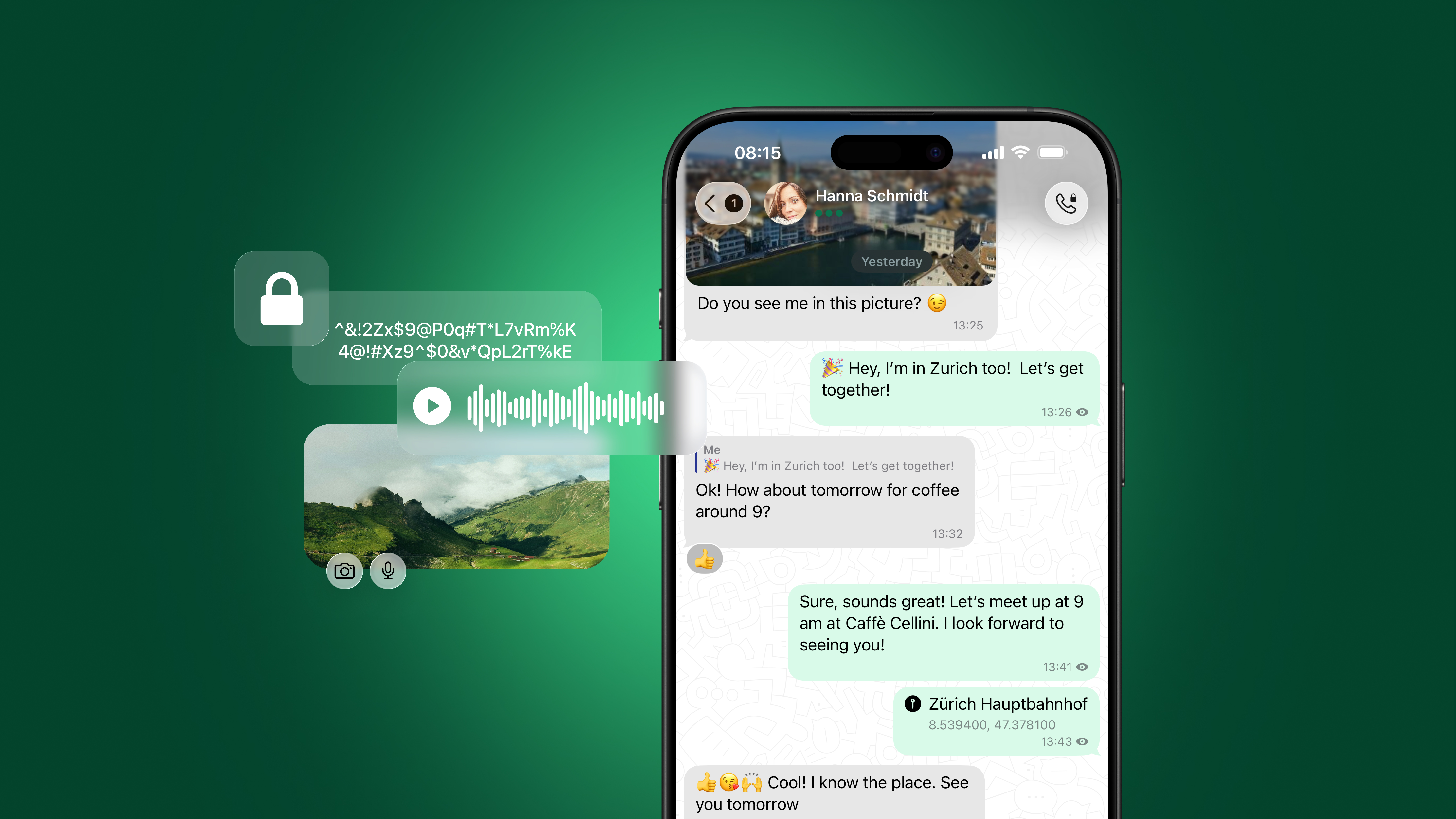 Smartphone displaying a chat conversation with text, voice message, image, and location, featuring the new Liquid Glass design.