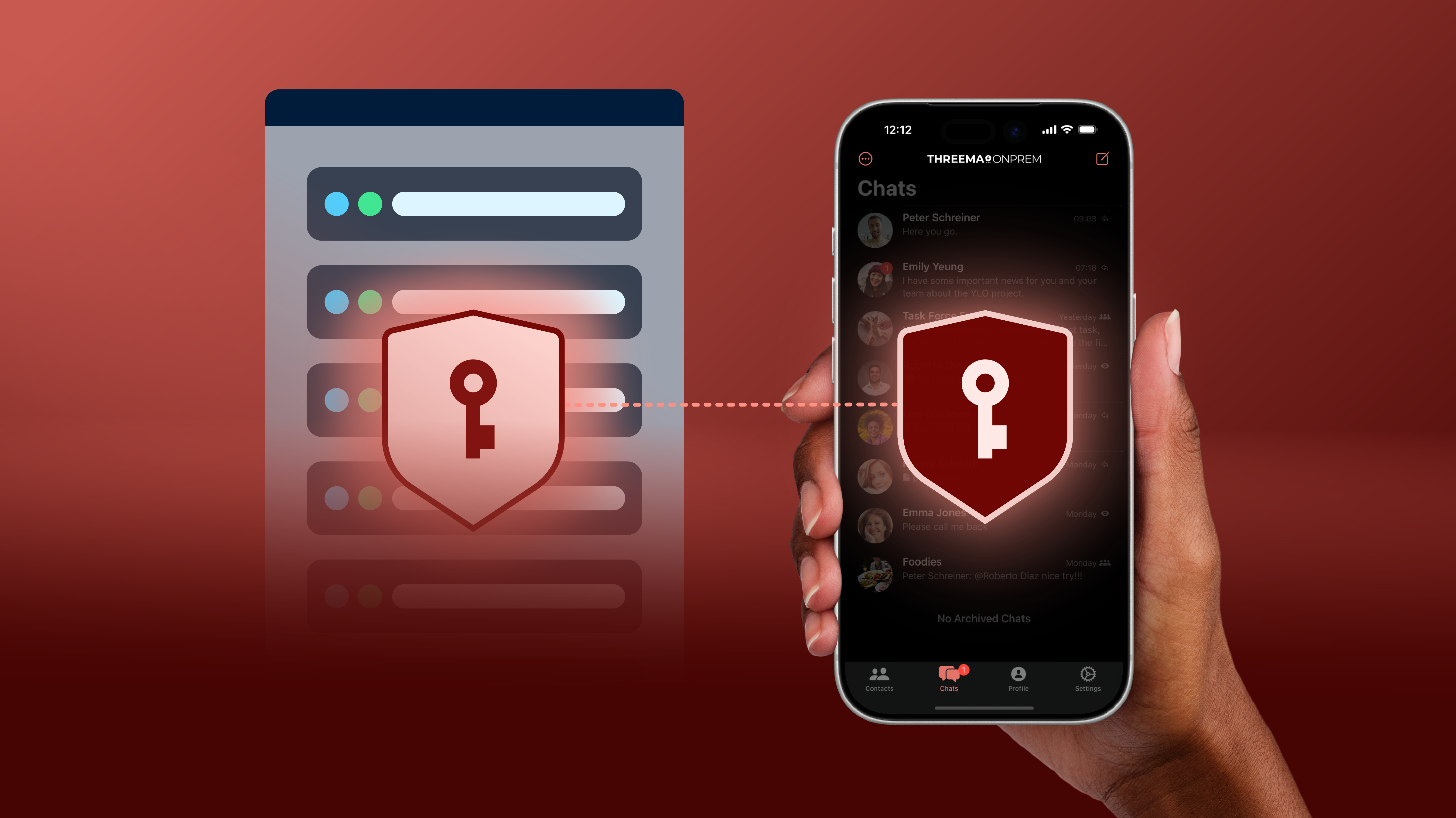 Hand holding a smartphone with a chat app, connected to a server interface, both protected by shield icons with a key symbol.