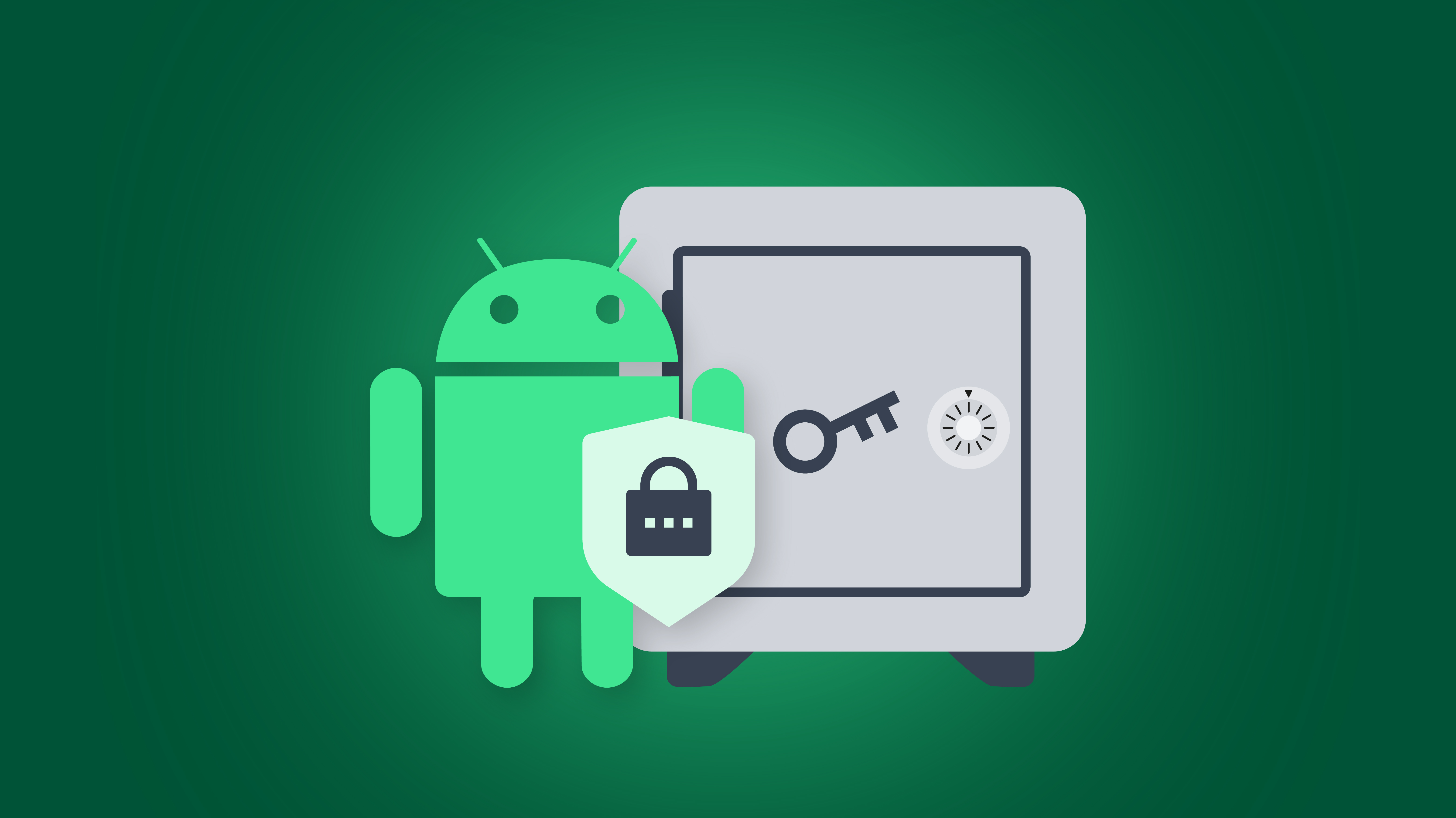 Android mascot beside a secure vault with lock and key icons.
