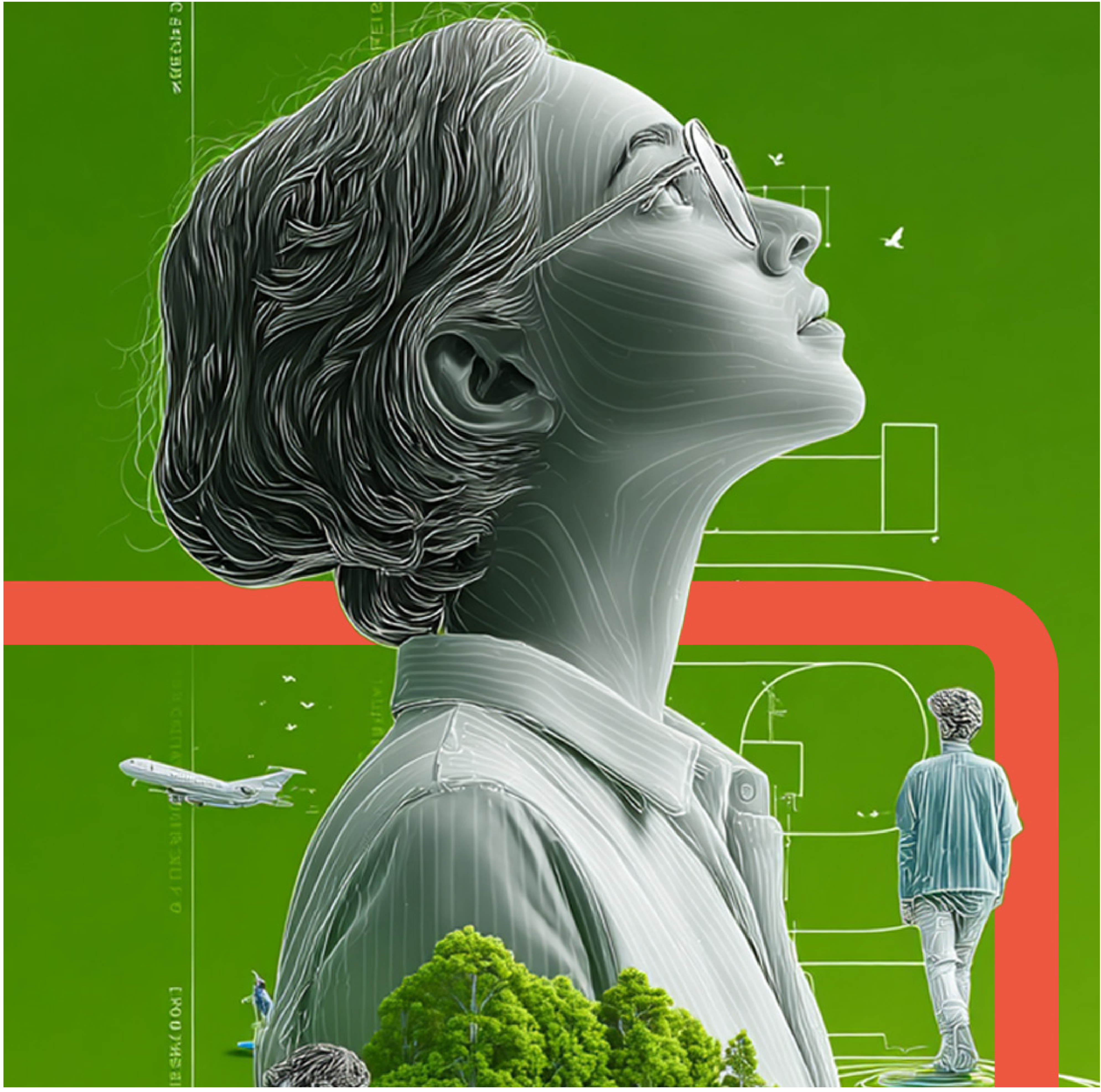 Stylized woman in profile, green background, graphic elements.