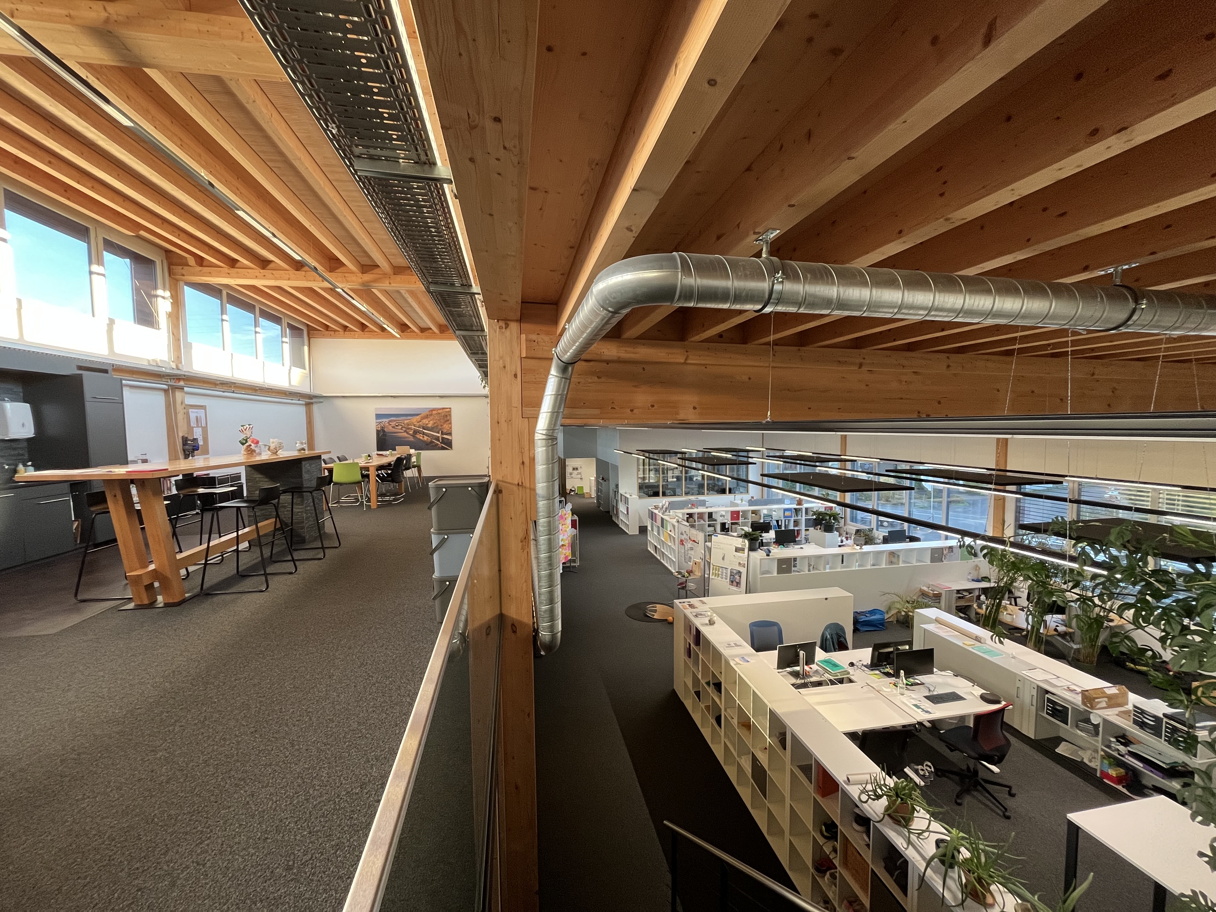 Office space of Threema Work customer lifetime health gmbh with bright, modern open-plan workspace and wooden ceiling.