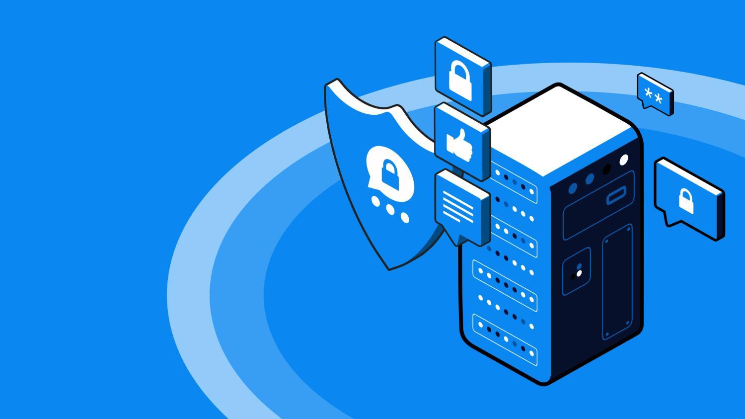 Illustration of a server protected by a shield with padlocks and secure message icons