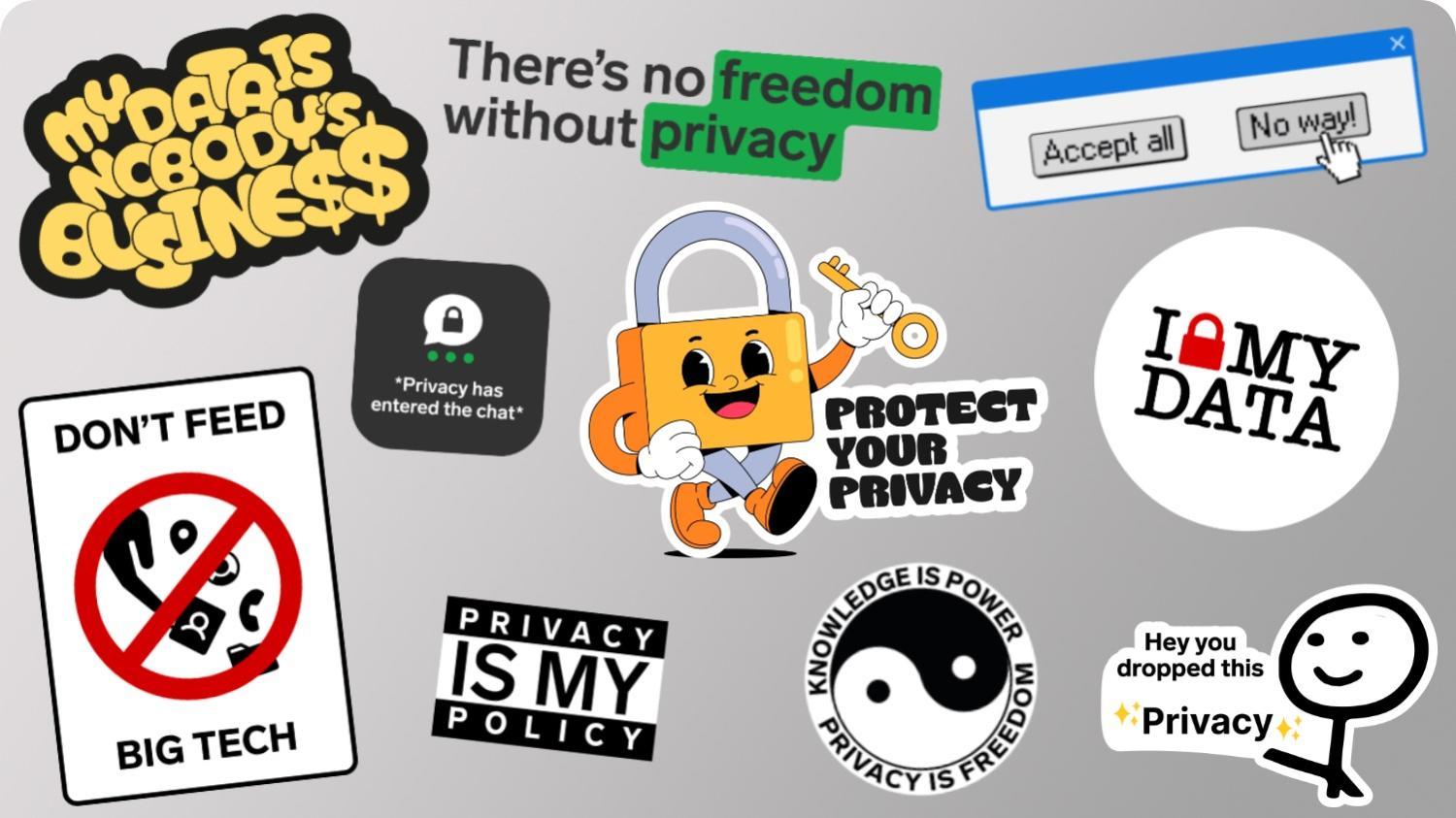 Collection of privacy-themed stickers with slogans, icons, and a cartoon padlock on a light gray background.