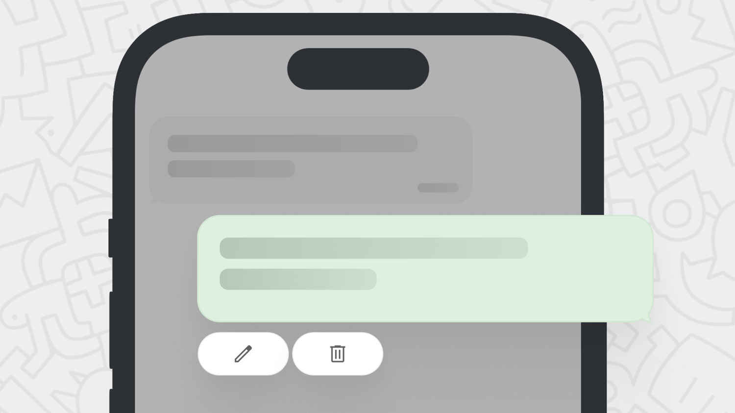 Smartphone screen showing a sent green message bubble with pencil and trash icons for edit and delete