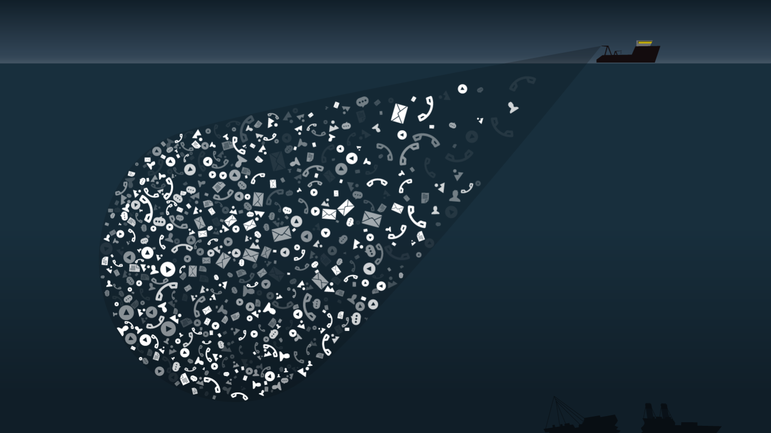 Silhouette of a ship at night shining a beam filled with floating phone, email, and chat icons underwater.