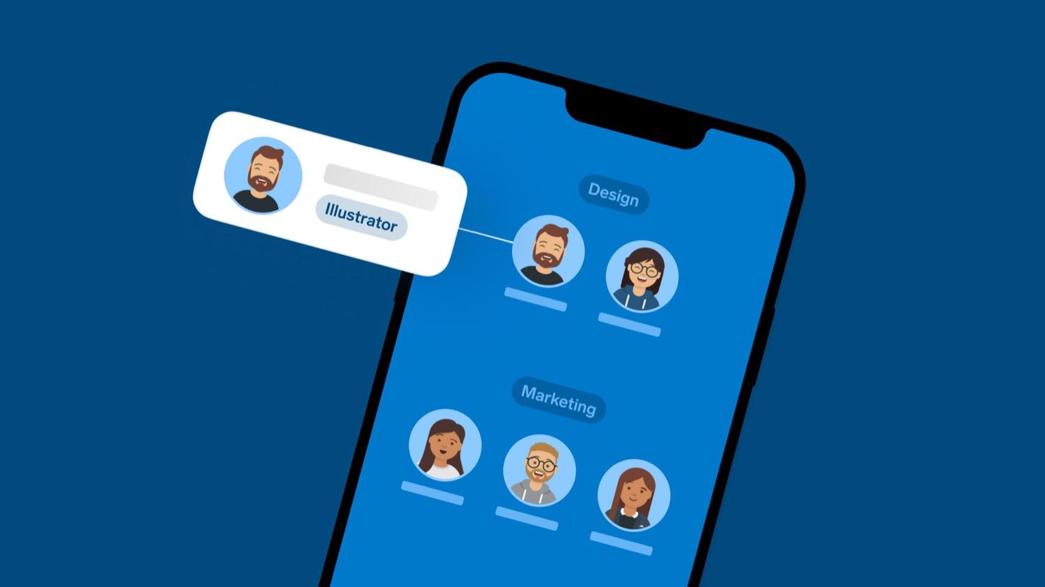 Smartphone screen with team avatars labeled Design and Marketing, featuring a pop-up highlighting the Illustrator