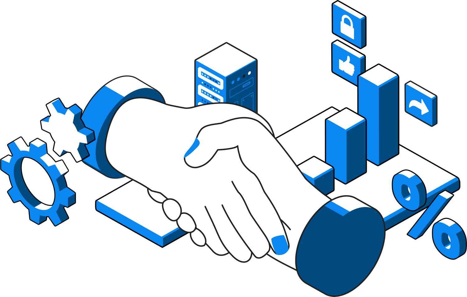 Handshake above stylized bar charts, gears, a server tower, and icons for security, approval and growth.