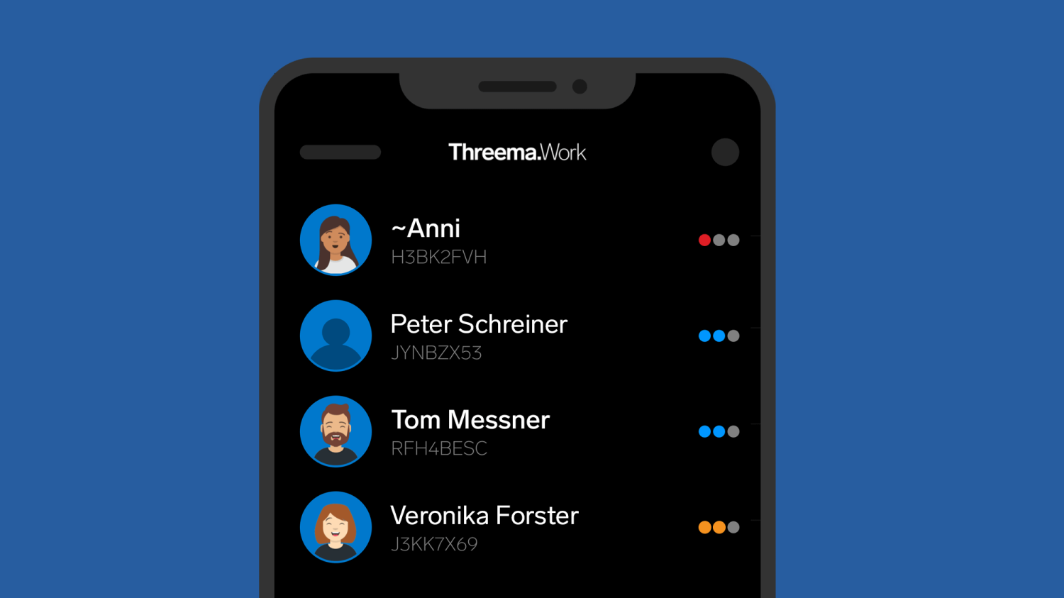 Smartphone screen showing Threema.Work contact list with four contacts, avatars, IDs, and status indicators