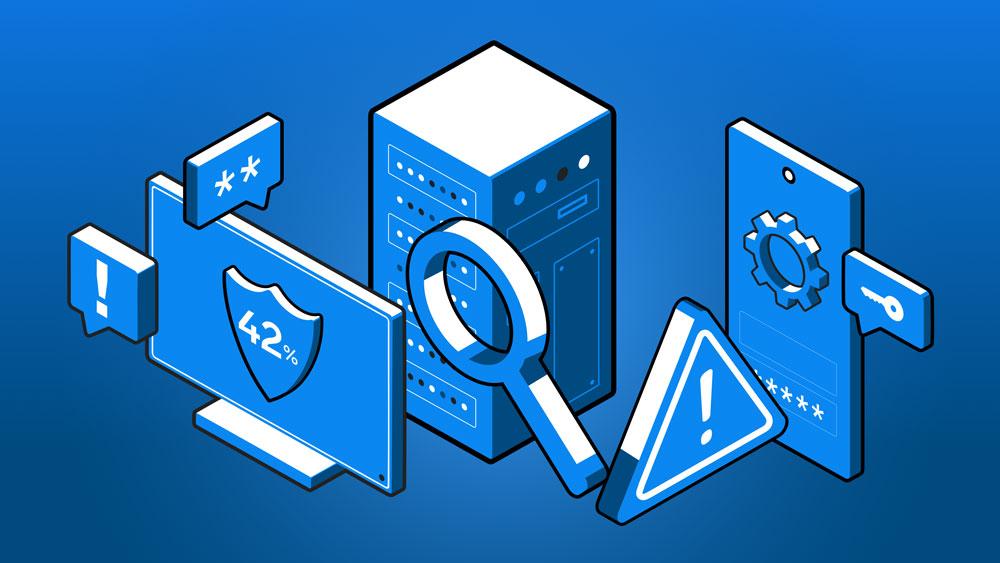 Blue isometric graphic showing a monitor with 42% shield, server rack, magnifying glass and security alert icons