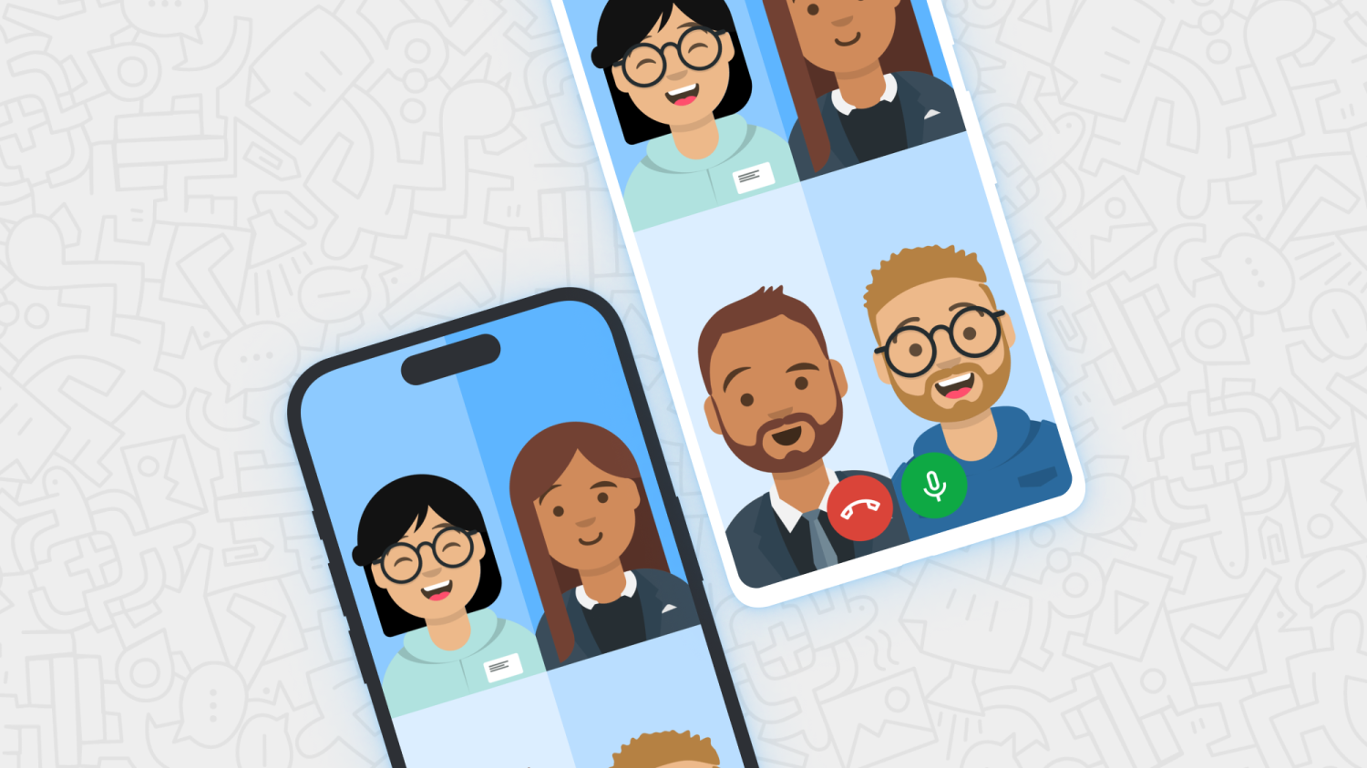 Two smartphones showing a four-person video call interface with red end-call and green microphone icons