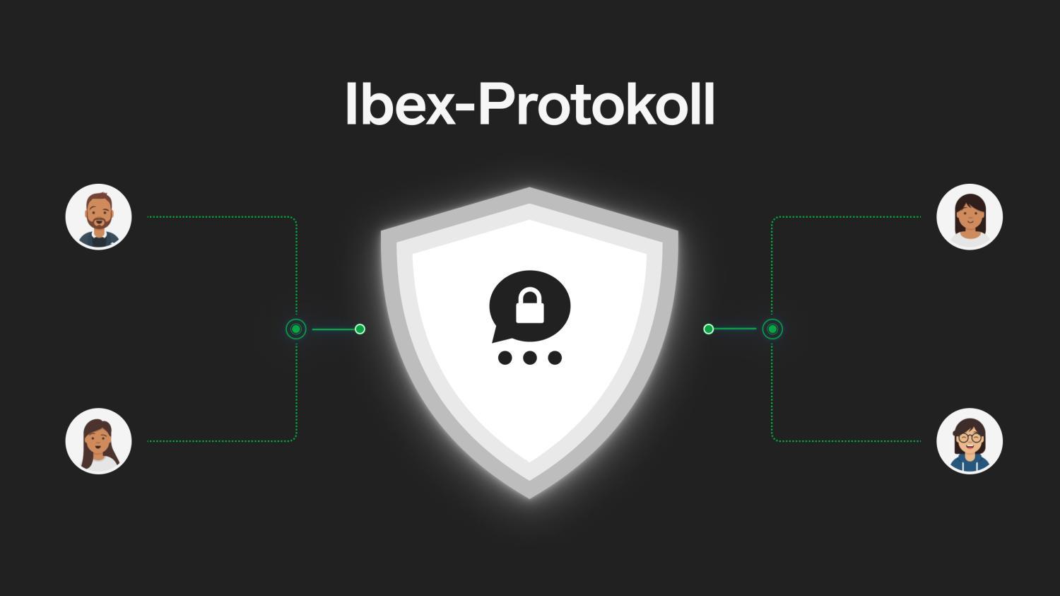 Illustration of a shield labeled “Ibex-Protokoll” securing an encrypted chat among four user avatars
