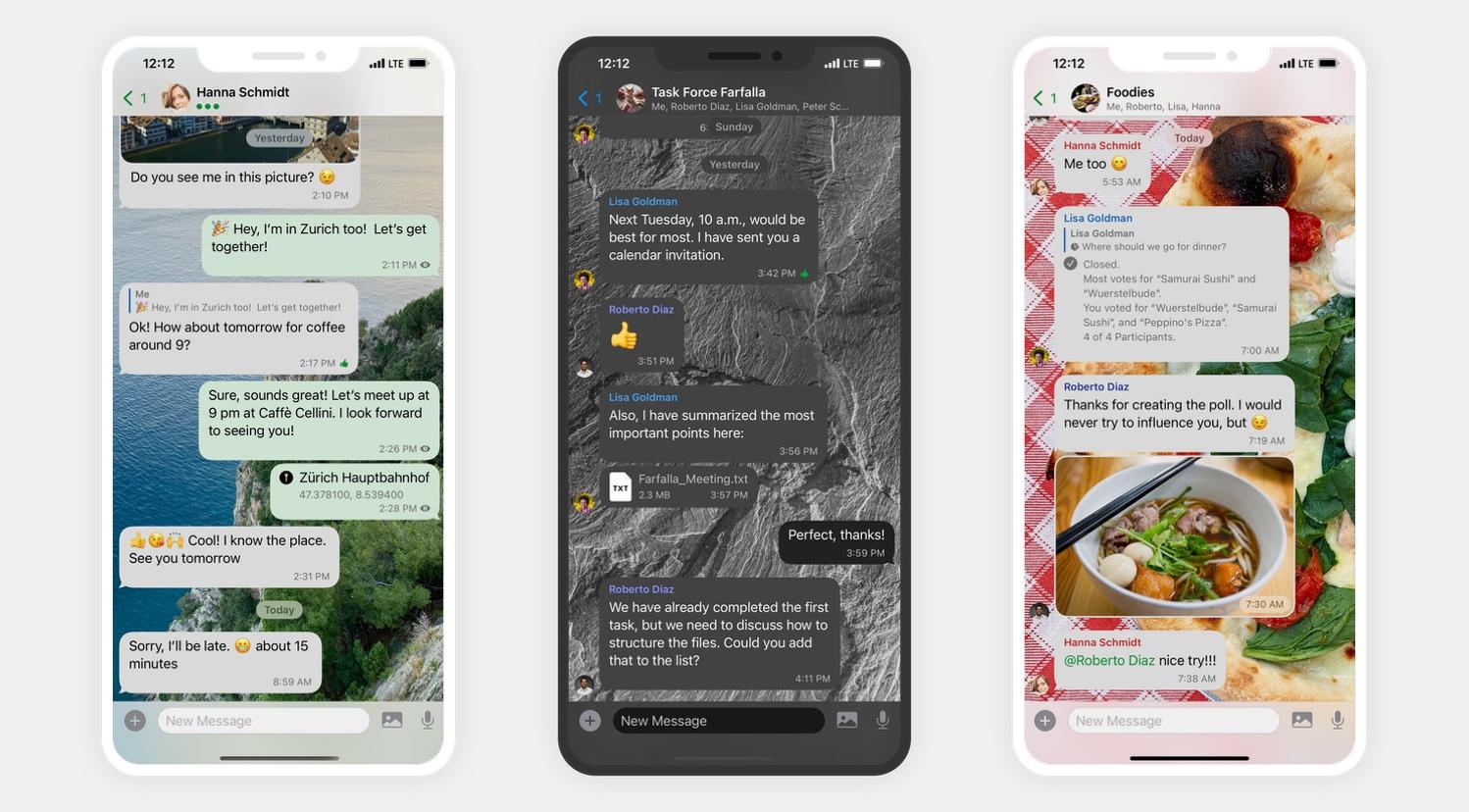 Three smartphone screens side by side showing chat app interfaces in light and dark themes with personalized backgrounds