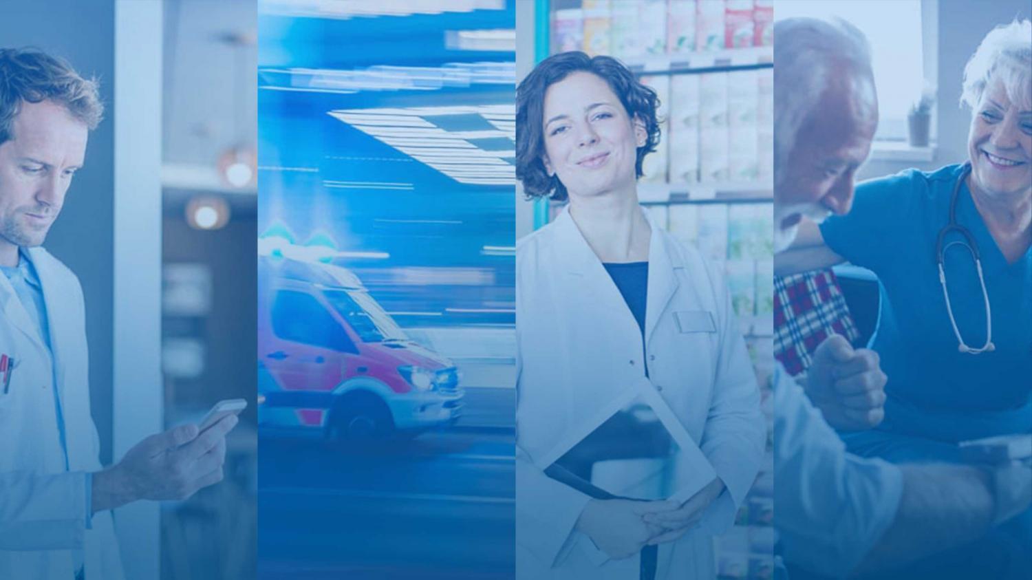 Collage of a male doctor checking his phone, a speeding ambulance, a female doctor holding a tablet, and a nurse helping an elderly patient