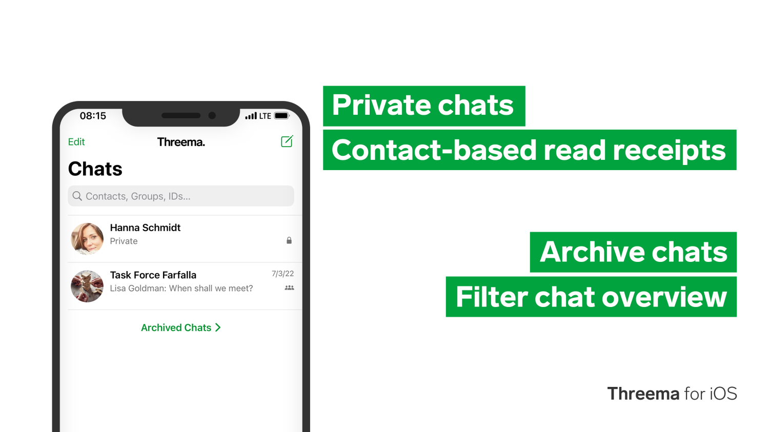 Graphic showing Threema iOS chat screen with private and group chats and feature highlights.