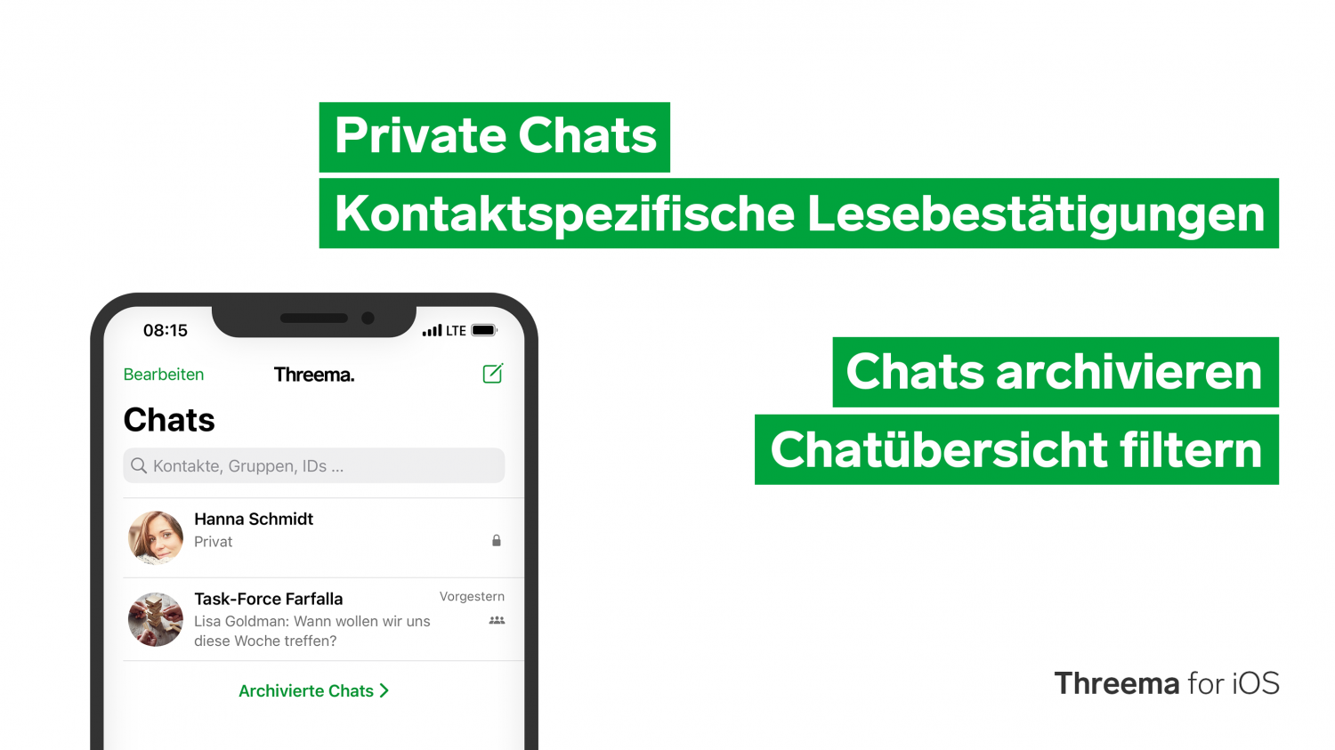 Threema for iOS promotional image: iPhone showing chat list with private and group chats, plus archive and filter options