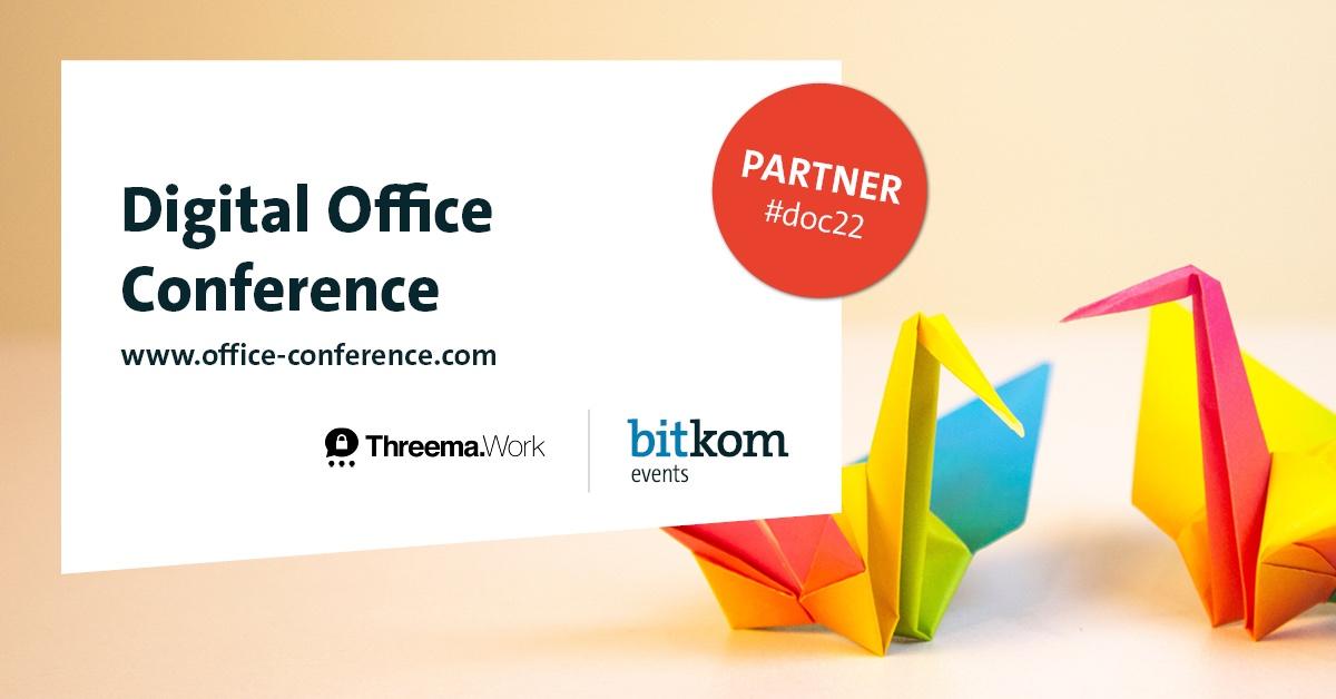 Promotional banner for Digital Office Conference with Threema.Work and bitkom events logos and colorful origami birds