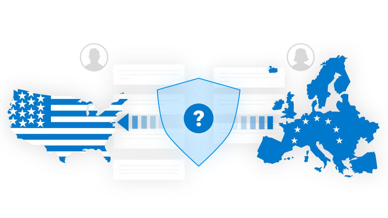 Blue graphic with arrows between a US map in flag stripes and an EU map in stars through a shield with question mark.