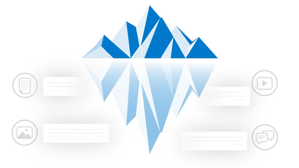 Stylized blue geometric iceberg shape with mirrored reflection and faint content icons on white background.