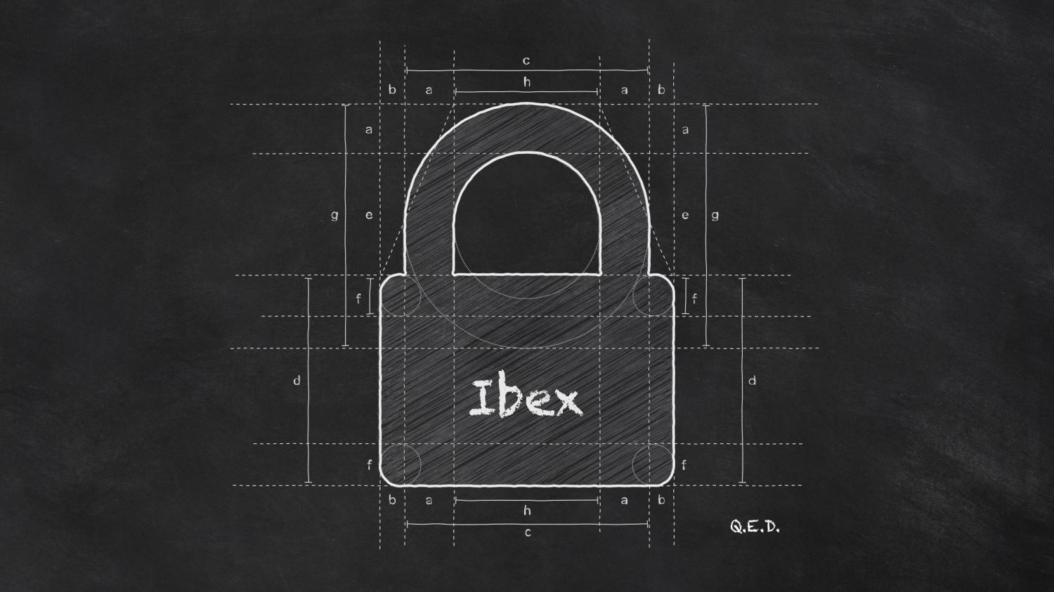Chalk-style blackboard blueprint of a padlock with 'Ibex' label and measurement lines