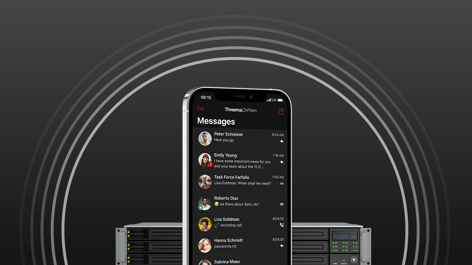 Smartphone showing Threema.OnPrem message list on a dark background with server rack and signal arcs