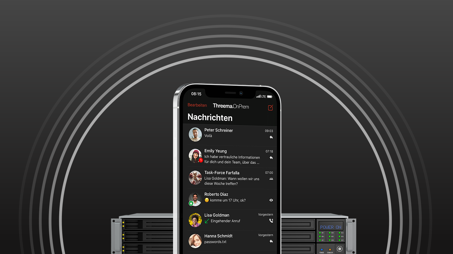 Smartphone displaying Threema OnPrem messaging app in dark mode in front of on-premise server hardware.