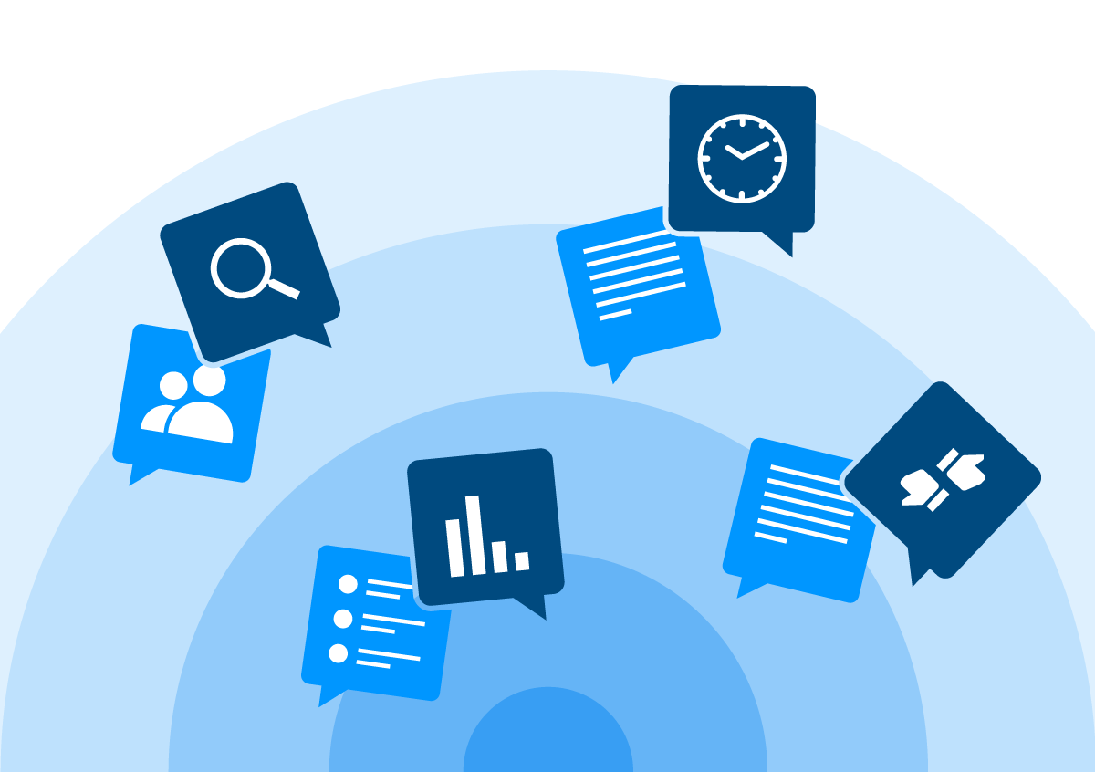 Radial blue background with chat bubbles containing icons: search, users, clock, text, chart, list, connectors.
