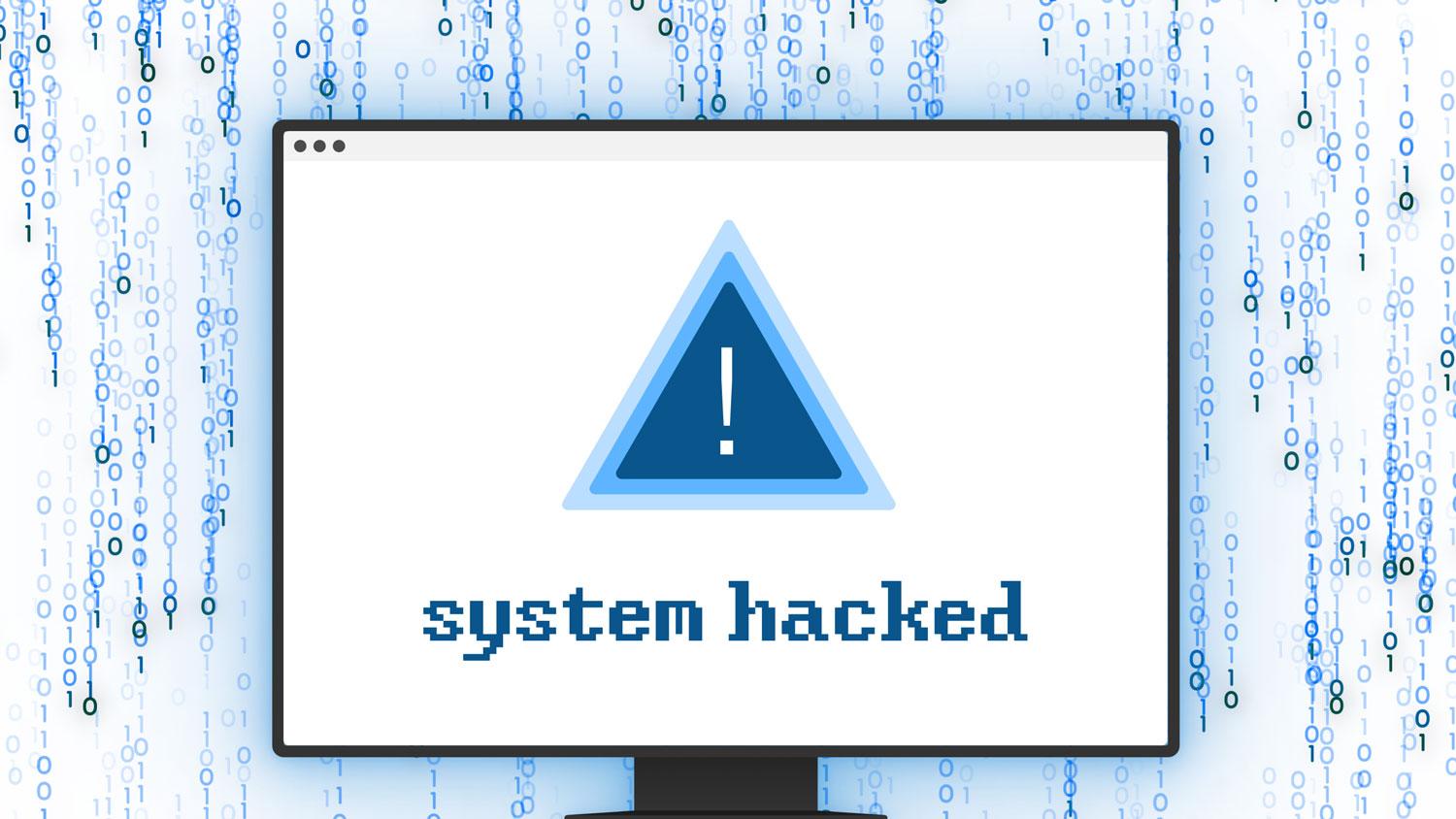 Computer monitor on blue binary code shows a warning triangle with exclamation mark and text 'system hacked'.