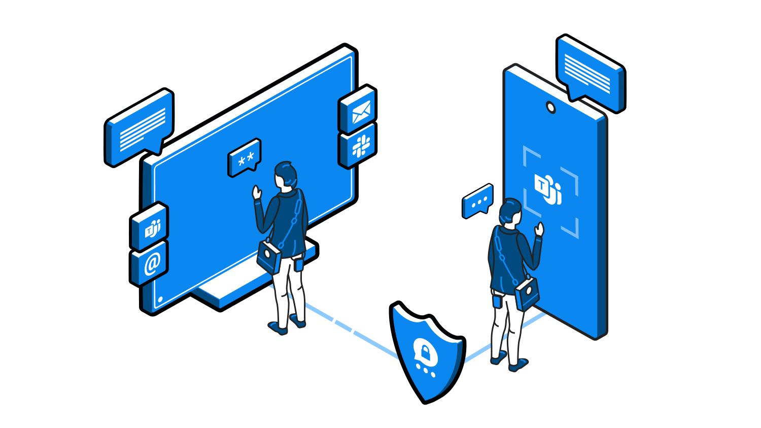 Isometric graphic of a person using desktop and mobile apps linked by a security shield