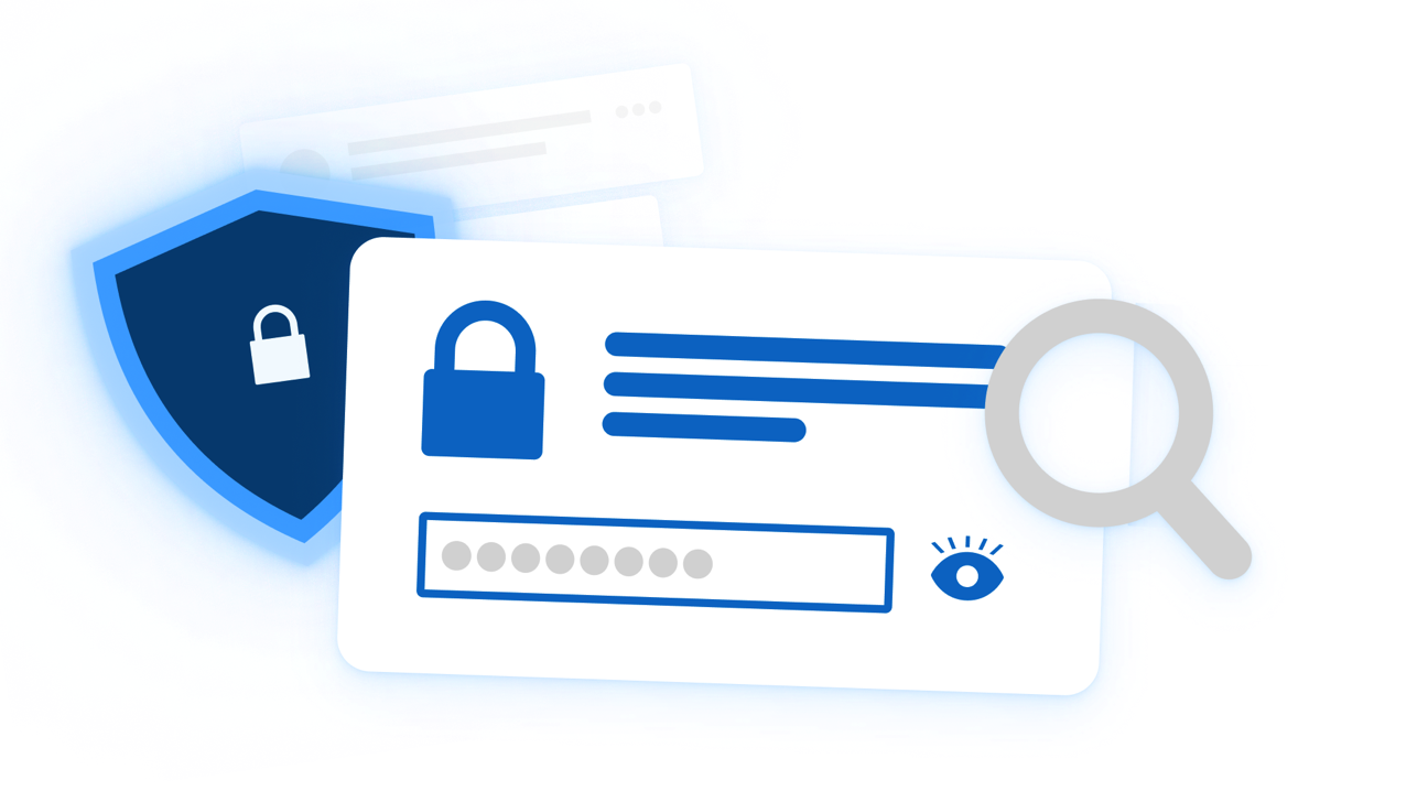Illustration of a secure password entry form with lock icon, masked characters, shield emblem and magnifying glass