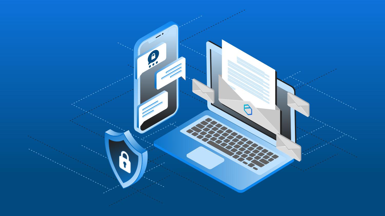Isometric illustration of secure emails and chat messages on a laptop and smartphone with a shield lock.