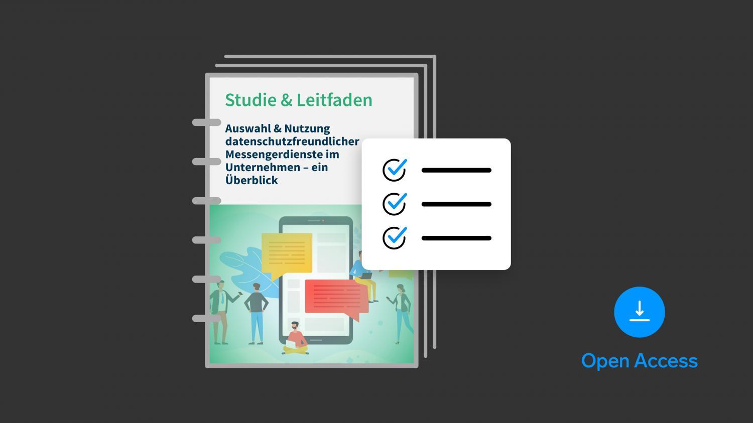 German study guide cover on privacy-friendly messaging services, showing a smartphone with chat bubbles, people and an Open Access icon