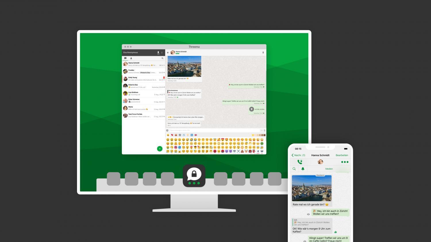Desktop monitor and smartphone displaying Threema encrypted messaging app with chats, messages, and emoji picker