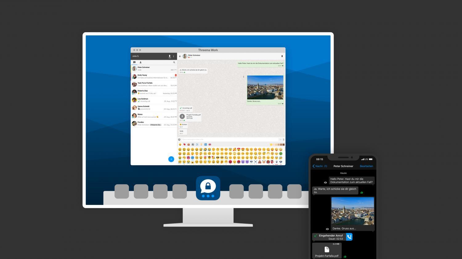 Desktop monitor and smartphone showing secure messaging app interface with chats, emojis, image and file sharing.