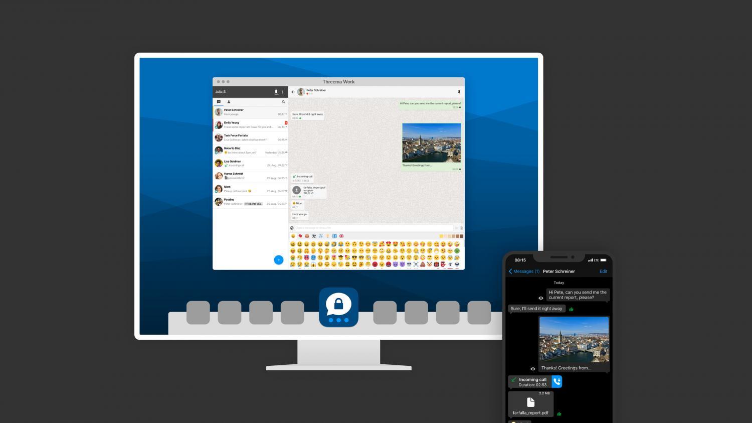 Desktop monitor and smartphone showing secure messaging app interface with contact list, chat windows, and emojis