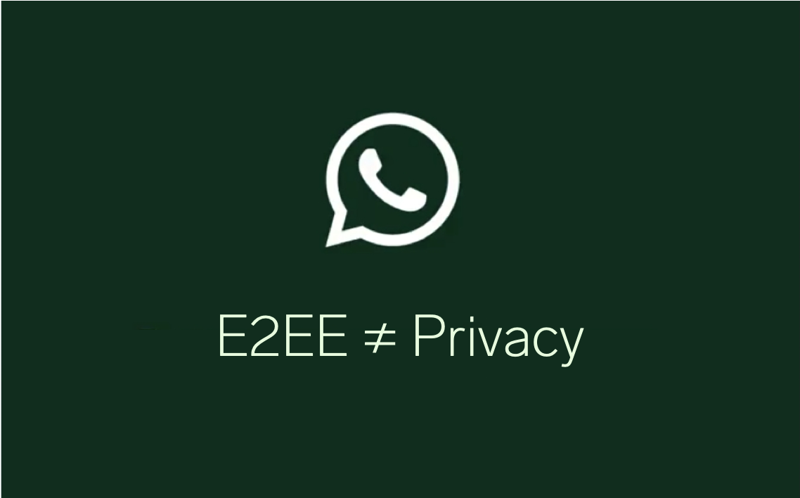 WhatsApp logo above the text 'E2EE ≠ Privacy' on a dark green background
