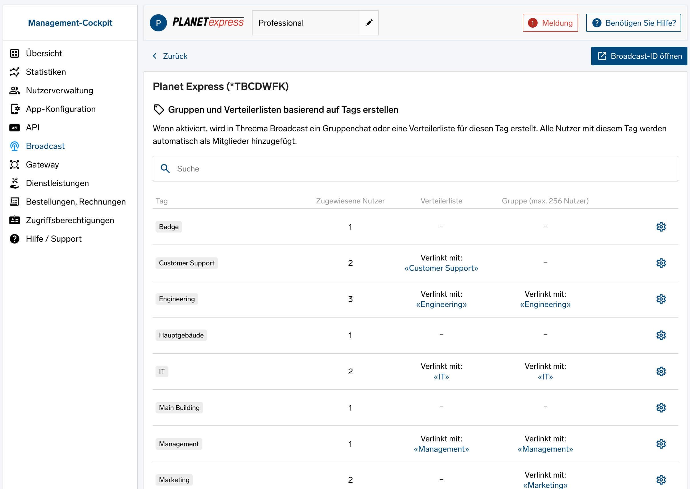 Broadcast Einstellungen, Tag Übersicht